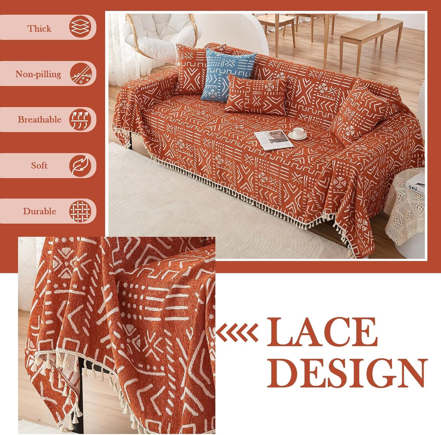 HANDONTIME Boho Aztec Sofa Slipcover for Sofa/Couch Farmhouse Geometric Couch Protector for Dogs with Tassel Brick Orange Couch Covers Sofa Cover for Dogs Cats Kids Bohemian Sofa Décor, 71" X150"