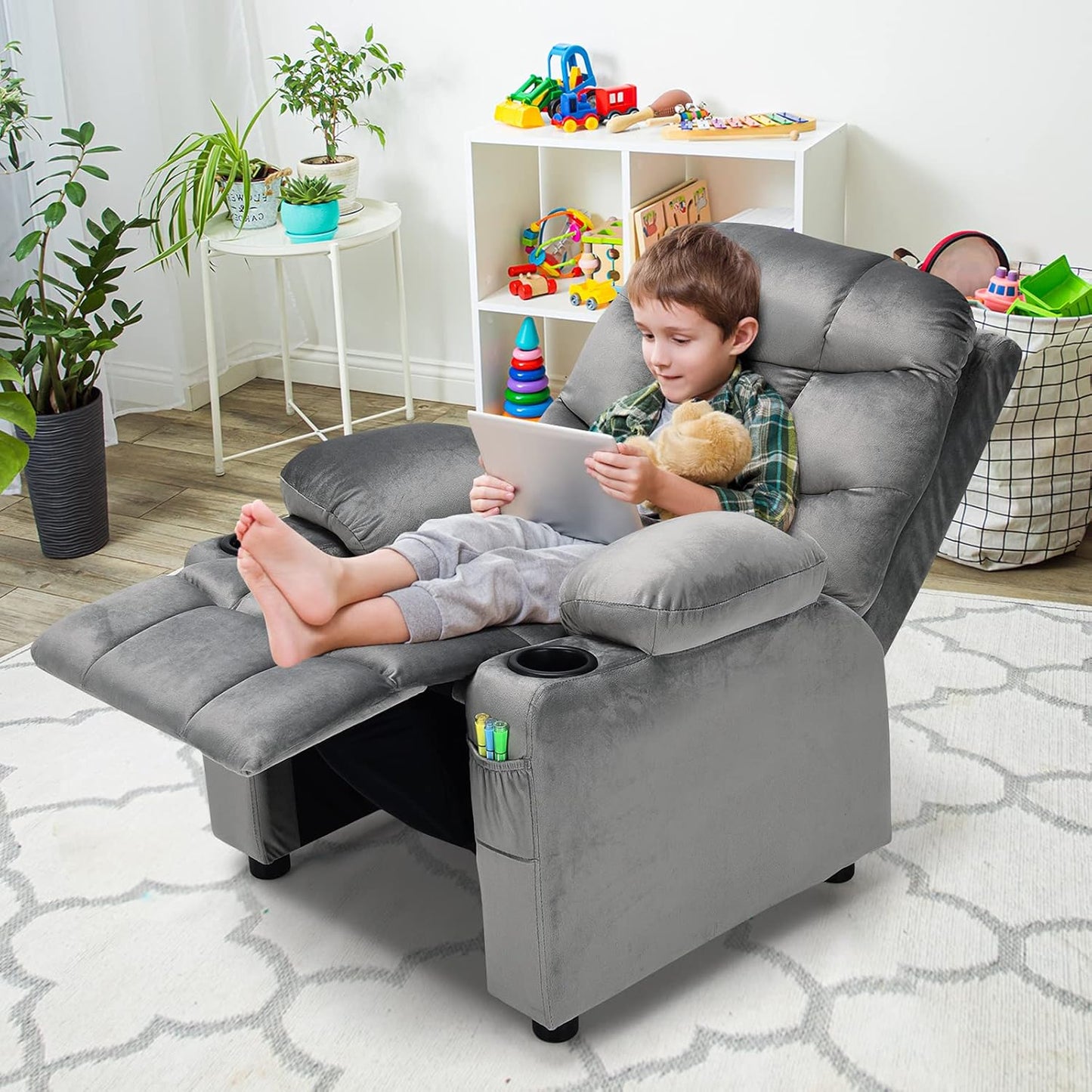 Costzon Kids Recliner Chair with Cup Holder, Adjustable Velvet Lounge Chair w/Footrest & Side Pockets for Children Boys Girls Room, Ergonomic Toddler Furniture Sofa Gifts, Kids Recliner (Gray)