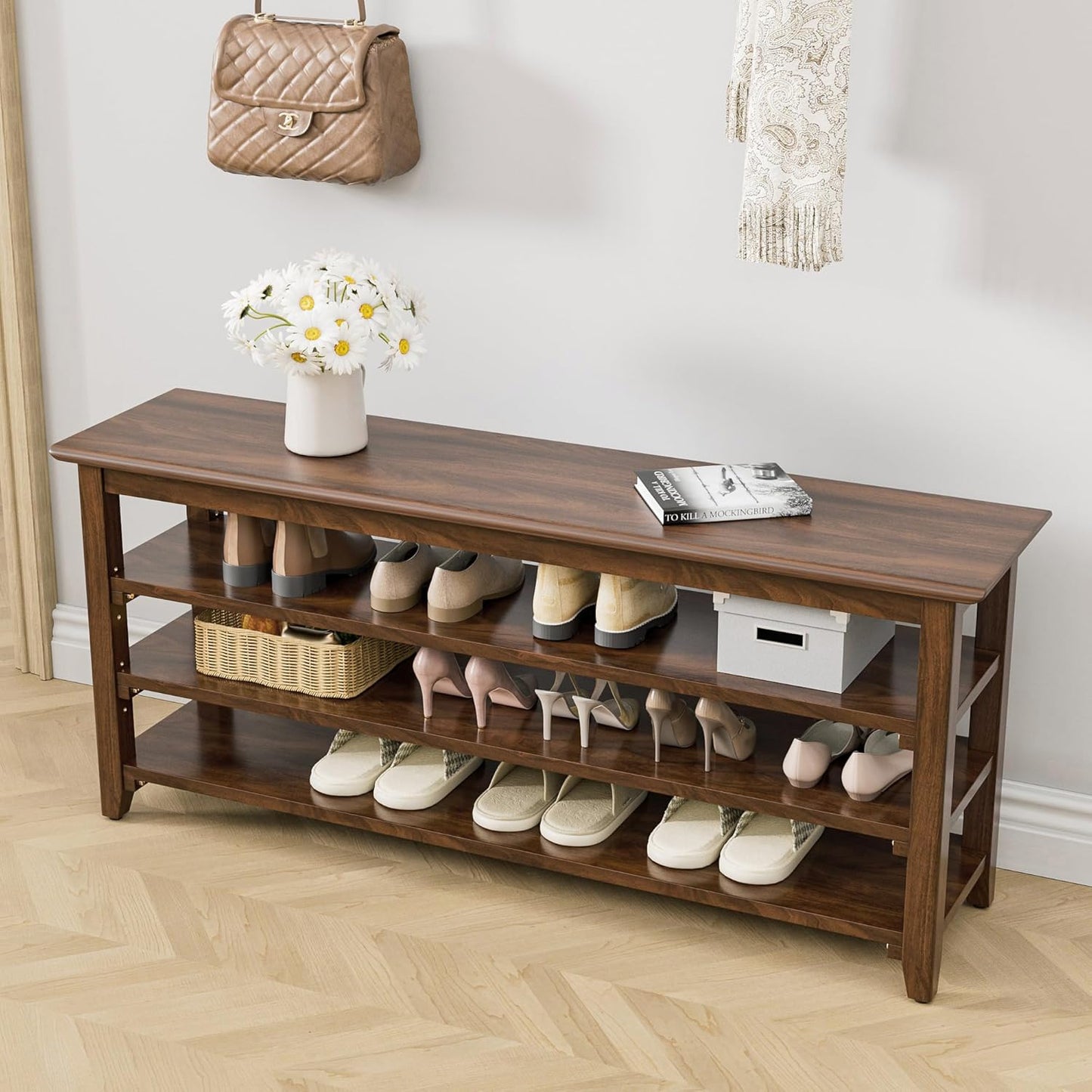Wooden Storage Shoe Bench, Entryway Bench with 3-Tiers Height Adjustable, Shoe Rack Front Doors Entrances for Hallway Living Room,Mudrooms (Brown,47.2")