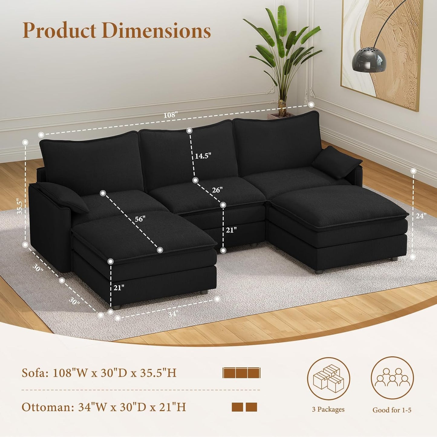 Vesgantti 108" U Shaped Sectional Couch, Comfy Cloud Modular Sectional Sofa with 2 Ottoman Deep Seat Chenille Modern Cloud Sofa, Modular Sofas for Living Room, Bedroom and Apartment, Black