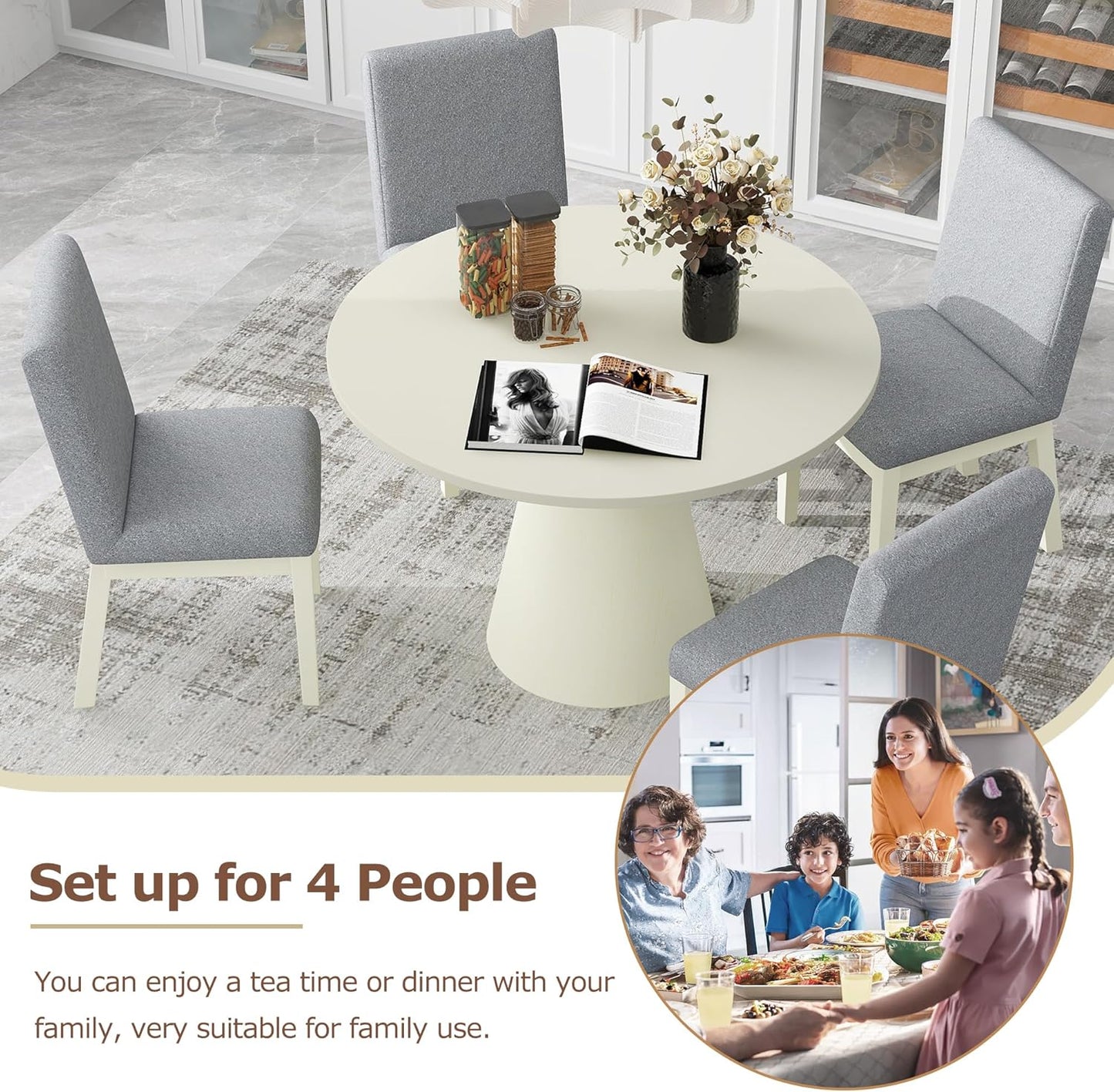 Wooden Kitchen Round Dining Table for 4-6, Round Kitchen Table with Circular Tabletop with Wood Pedestal Base, Rustic Farmhouse Furniture