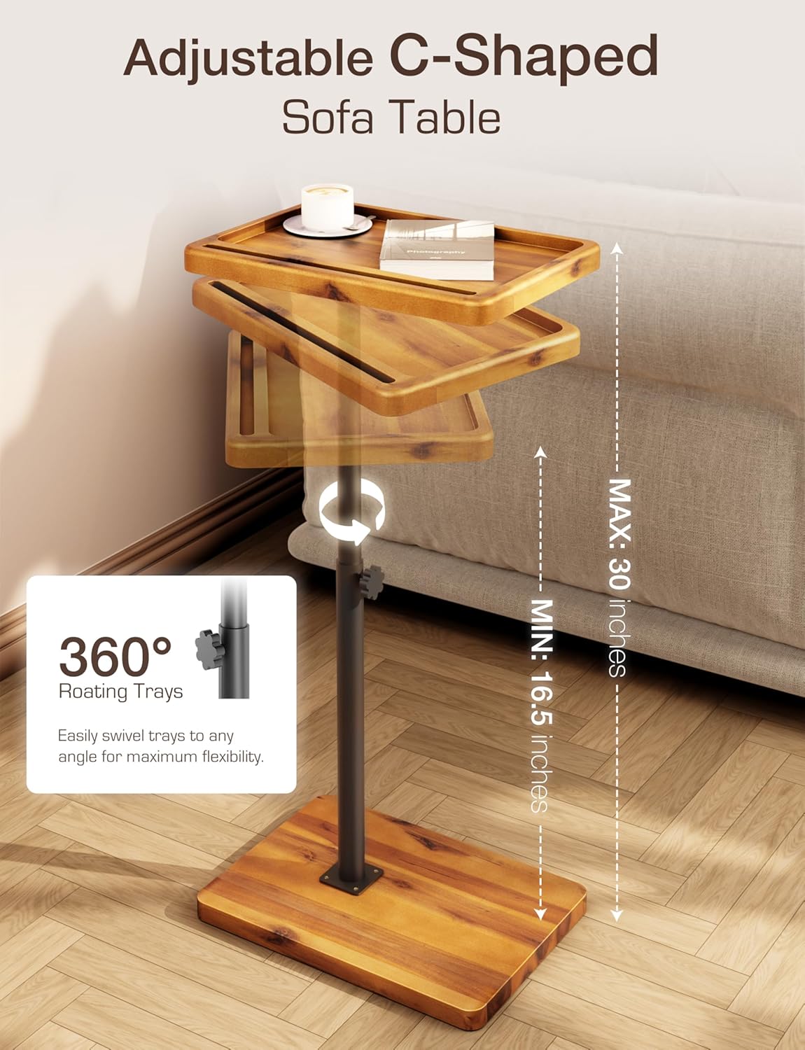 HOLANA Acacia Wood Adjustable C-Shaped Couch Table – 360° Swivel Side Table for Sofa - Small End Table for iPad, Laptop, or TV Tray – Eating Trays for Living Room or Bedside Use (Acacia)