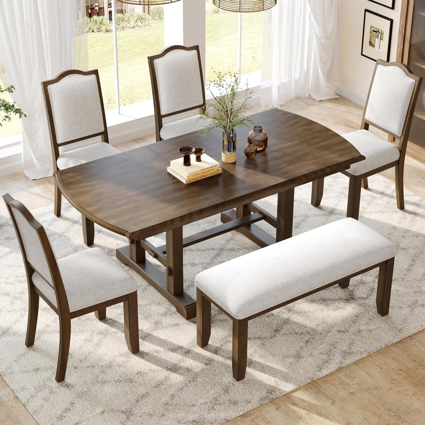Ball & Cast Dining Table Set for 6,60" to 78" Extendable Wood Dining Table with Removable Leaf,6-Piece Kitchen Table Set W/ 4 Upholstered Chair and 1 Bench,for Dining Room,Kitchen,Restaurant,Brown