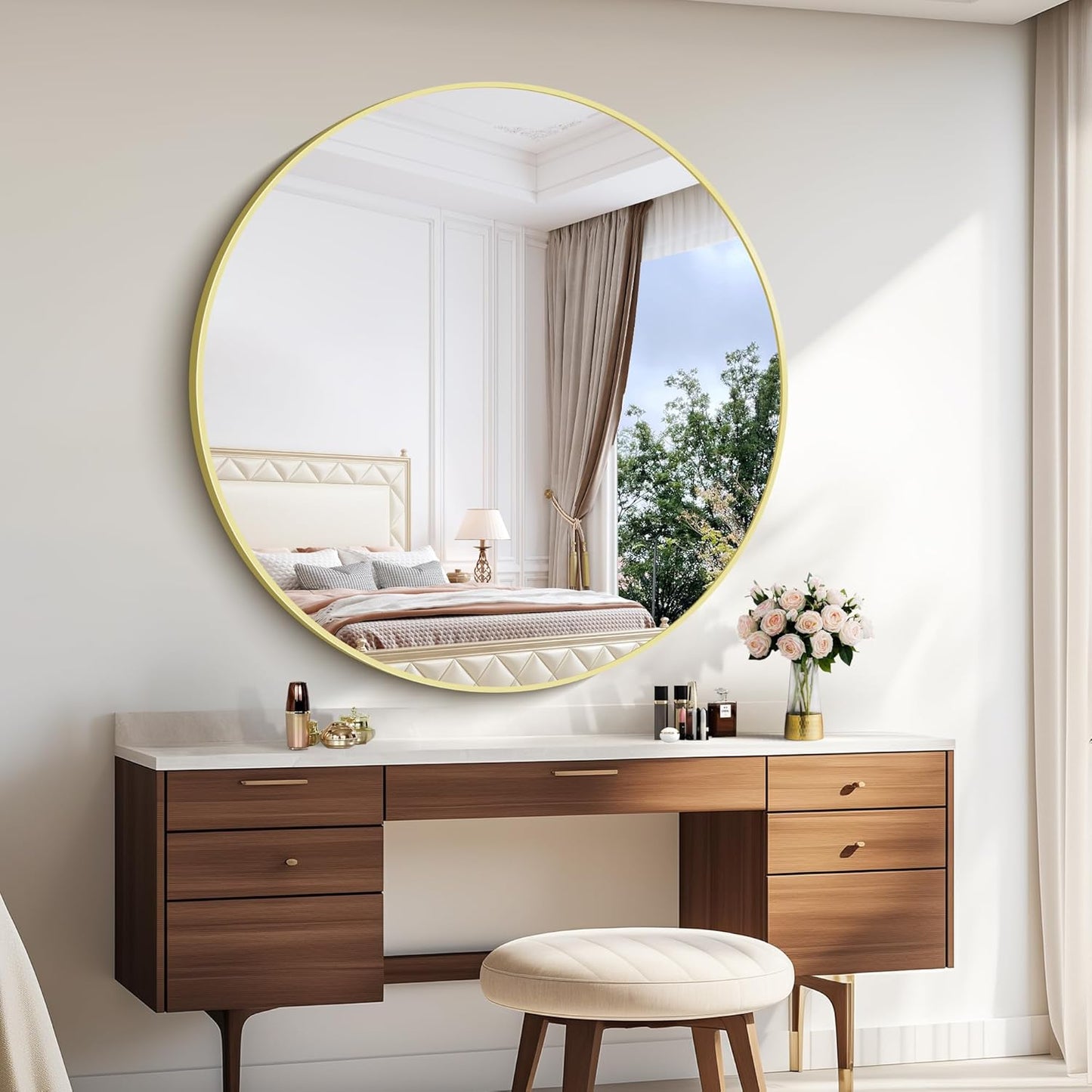 Gold Round Mirror, 48 inch Large Circle Mirrors, Aluminum Metal Frame Big Round Bathroom Mirror, Oversized Circle Mirror, Huge Circular Mirrors for Wall Bathroom Entryway Bedroom Living Room