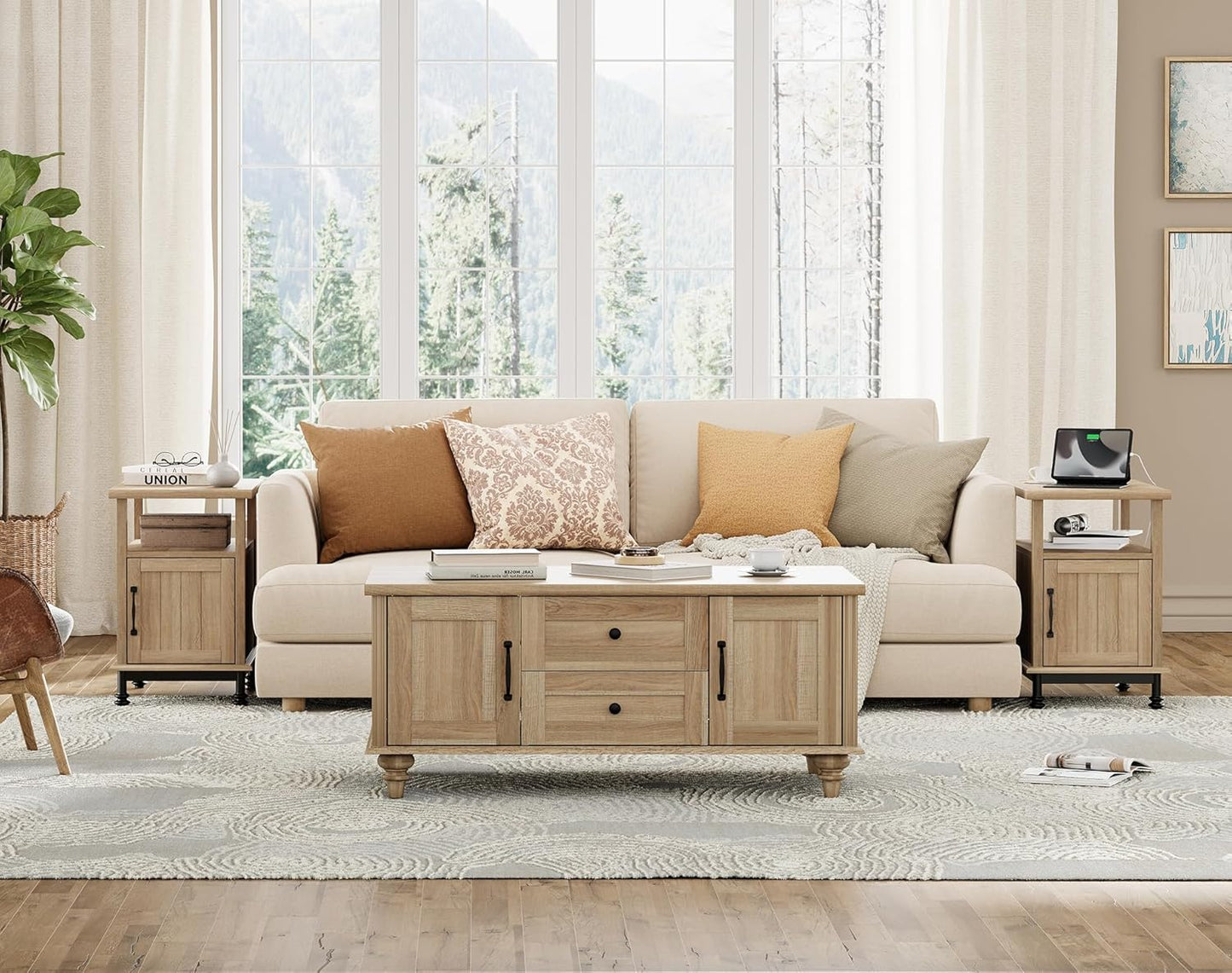 WAMPAT Set of 2 End Tables with Charging Station, Sofa Side Tables with Storage Cabinet for Living Room, Light Wood Bedside Table with Metal Leg, Nightstand for Bedroom, Oak