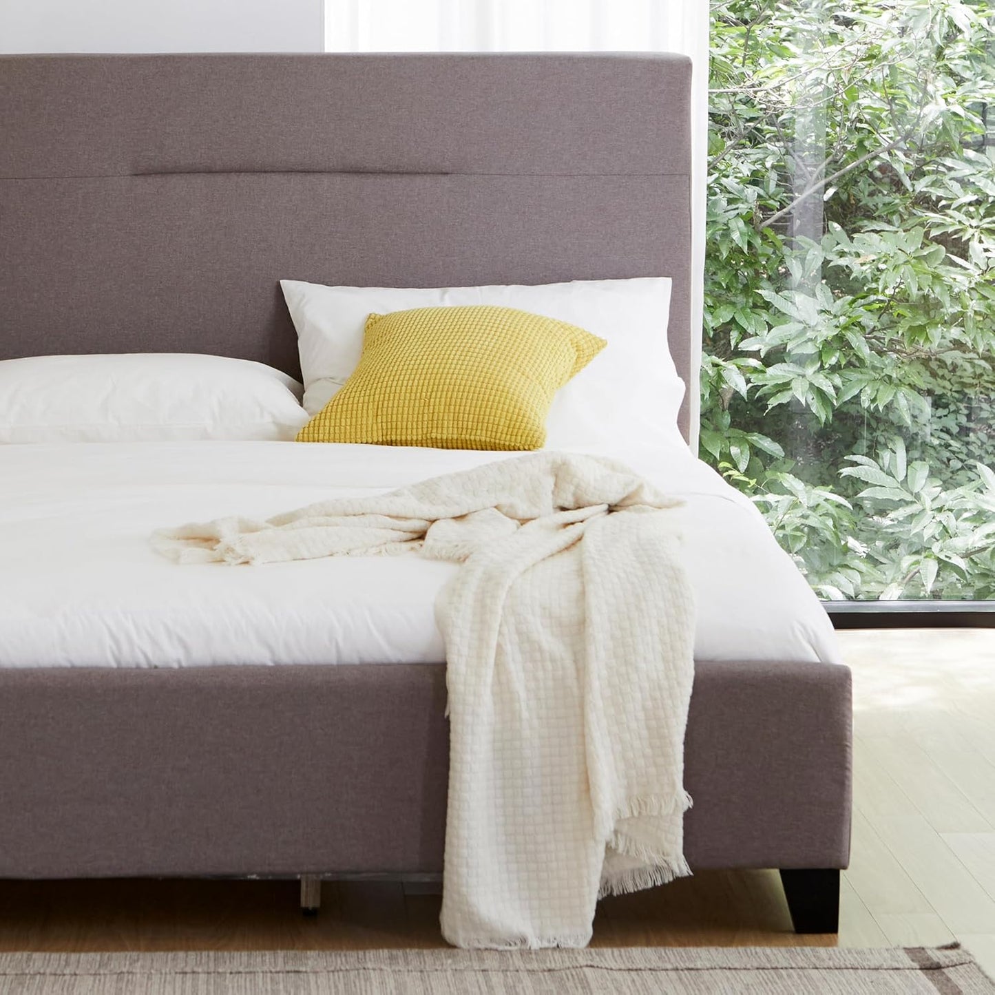 Livinia Amelia Full Size Platform Bed, Fabric Upholstered Full Bed Frame with Height Adjustable Headboard Footboard, Strong Wood Slats, No Box Spring Needed, Brown