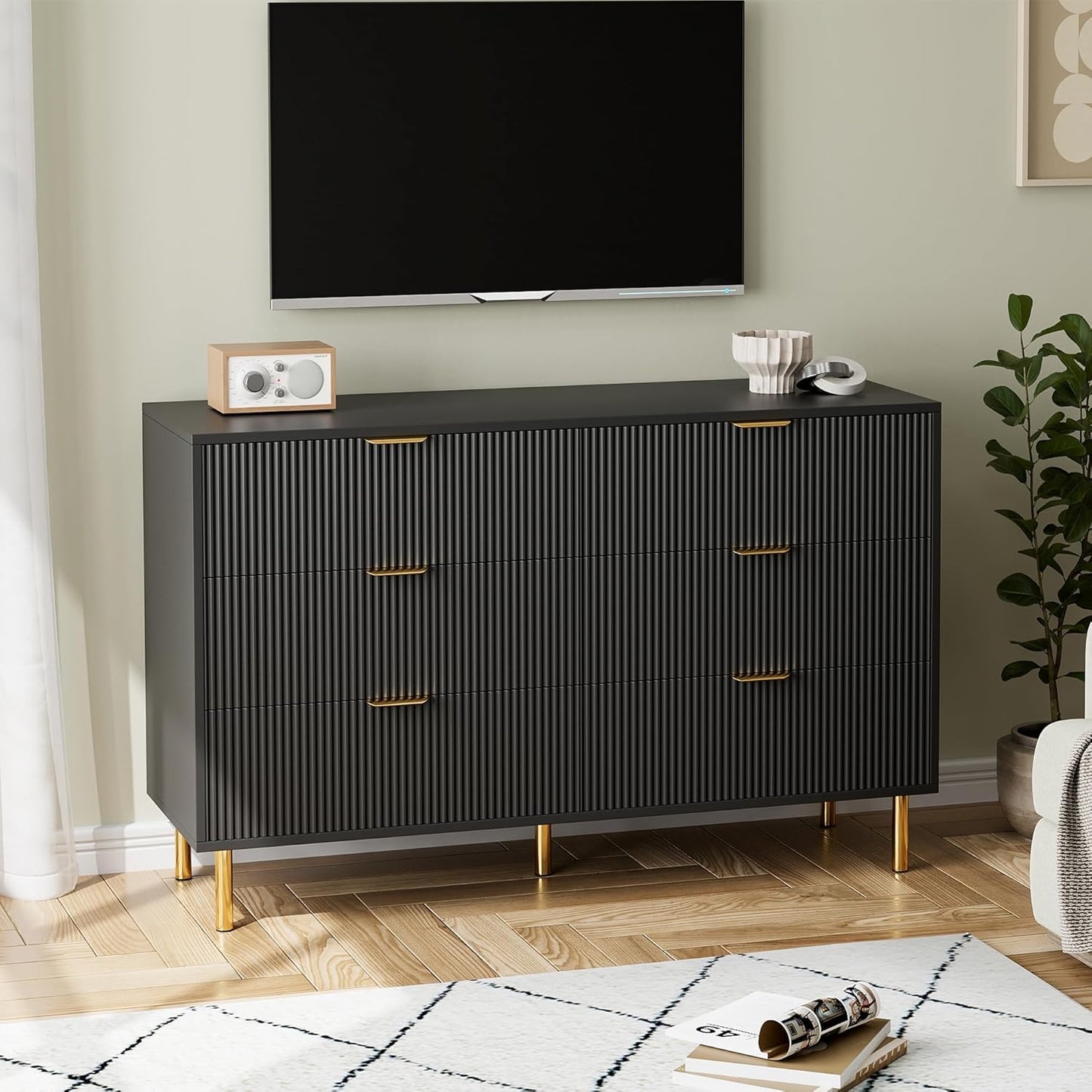 GarveeHome Black Dresser, Modern 6 Drawer Dresser for Bedroom with Gold Handle and Large Drawer, Wood Double Chest of Drawers and Storage Organizer for Living Room, Hallway, Entryway