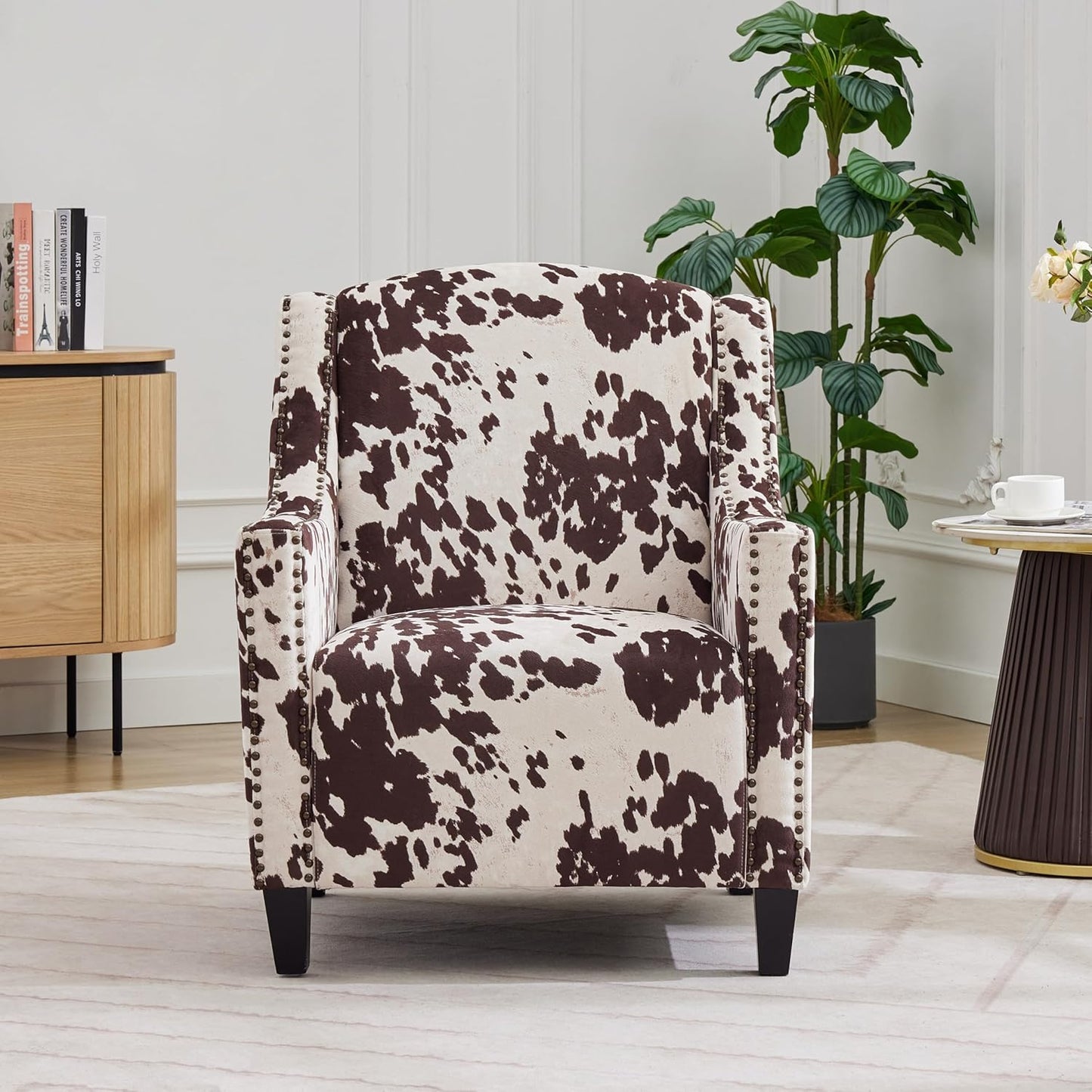 Ball & Cast Upholstered Arm Chair,Classic American Style Flower Design Fabric Dining Chair,Comfy Accent Chair w/Nailhead Trim & Wooden Legs,Seating Furniture for Bedroom,Apartment,Brown+White