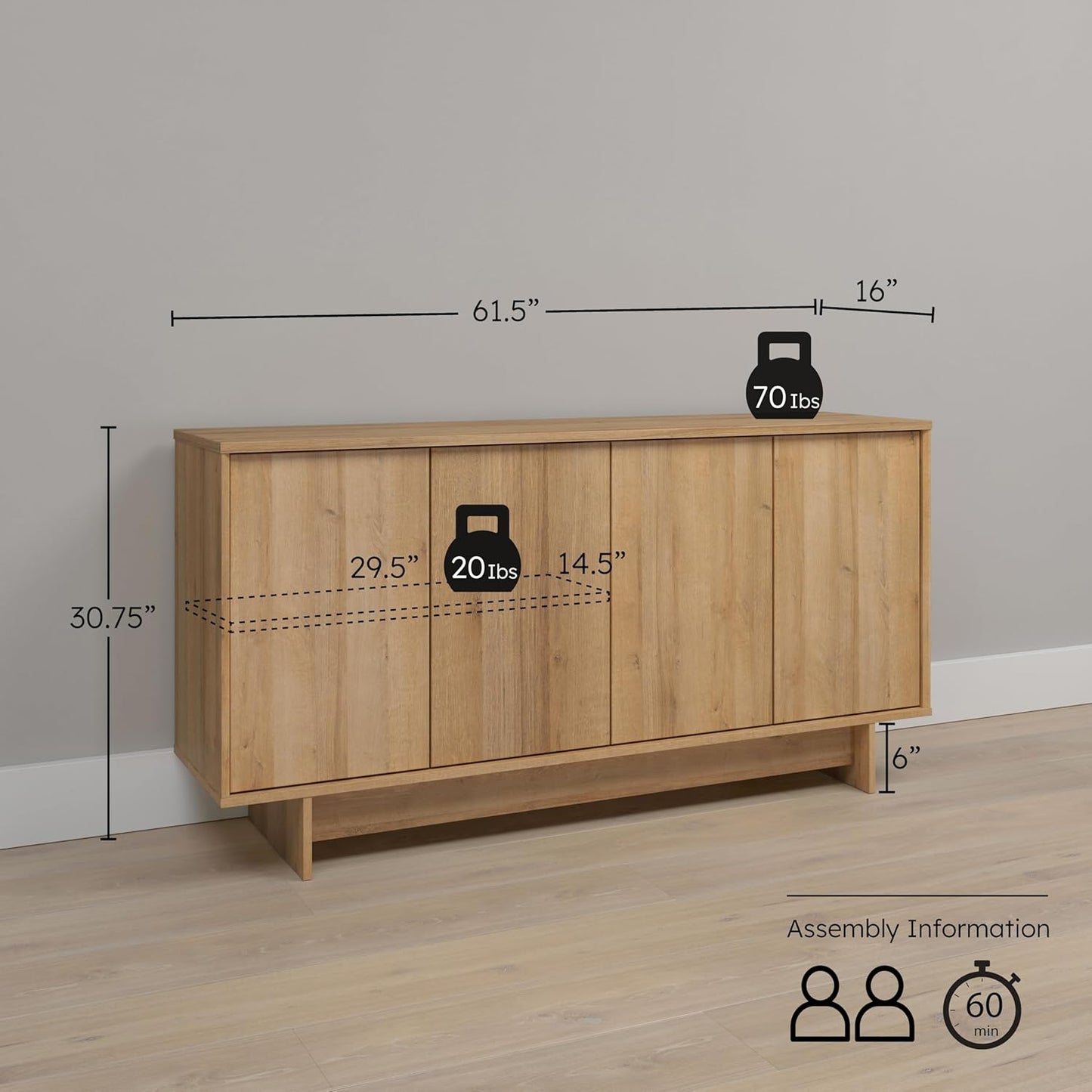 Prepac Natural Oak Finnley Sideboard Cabinet Buffet Cabinet with Storage Accent Cabinet for Living Room, Kitchen, Entryway Cabinet with Adjustable Shelves Push Latch System 16" D x 61.5" W x 30.75" H