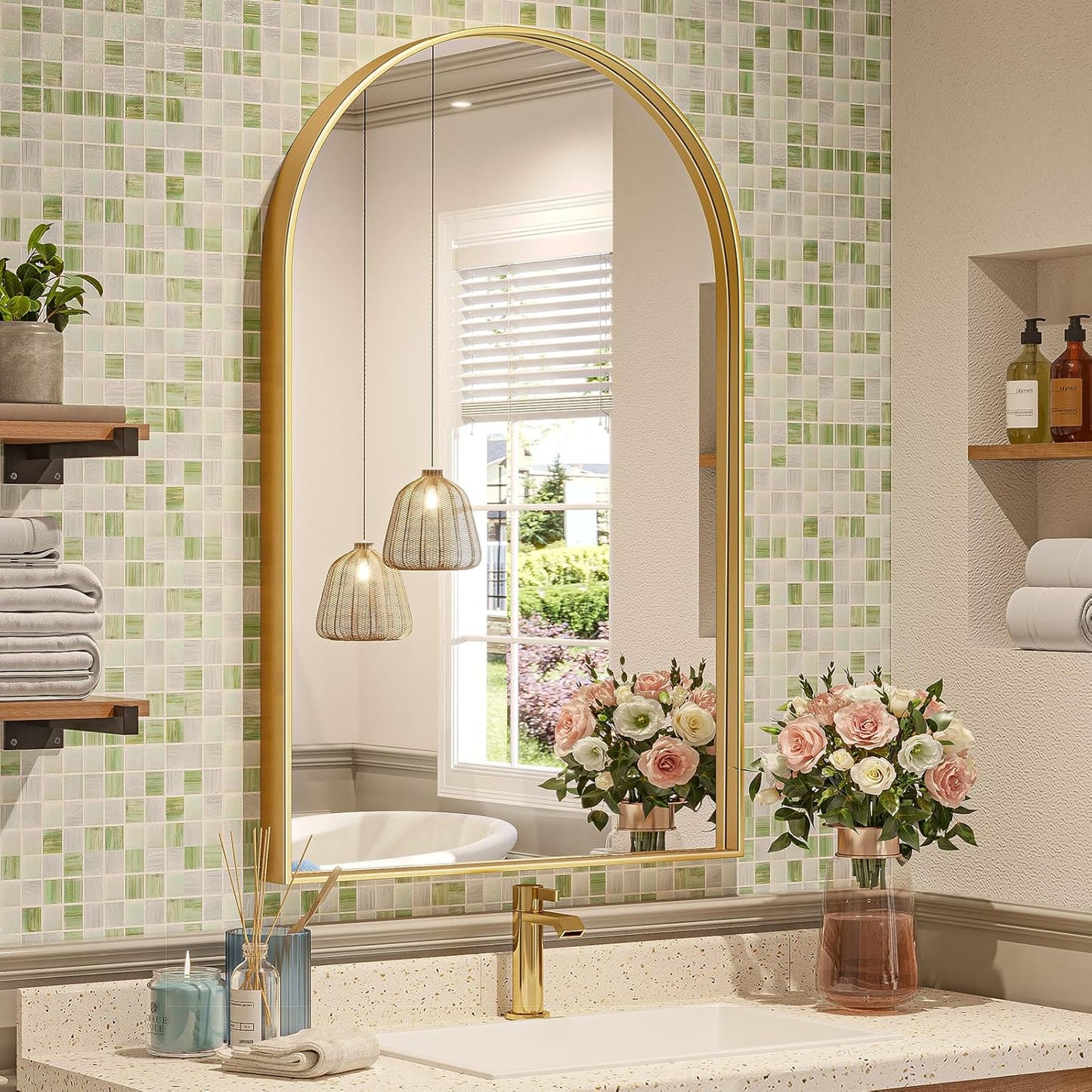 Brightify Arched Mirror, Arched Wall Mirror, 24 x 40 Inch Gold Arch Mirror, Metal Frame Gold Bathroom Mirror, Arched Top Bathroom Vanity Mirror for Living Room Bedroom Mantel Entryway Hallways