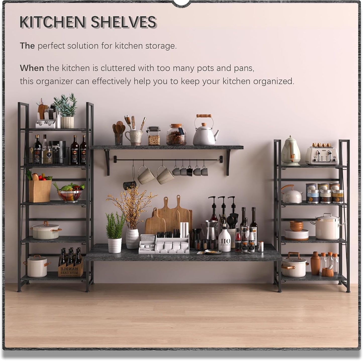 4NM No Assembly Folding Bookshelf, 5-Shelf 62.2" H Collapsible Foldable Bookcase Storage for Small Spaces, Gray and Black