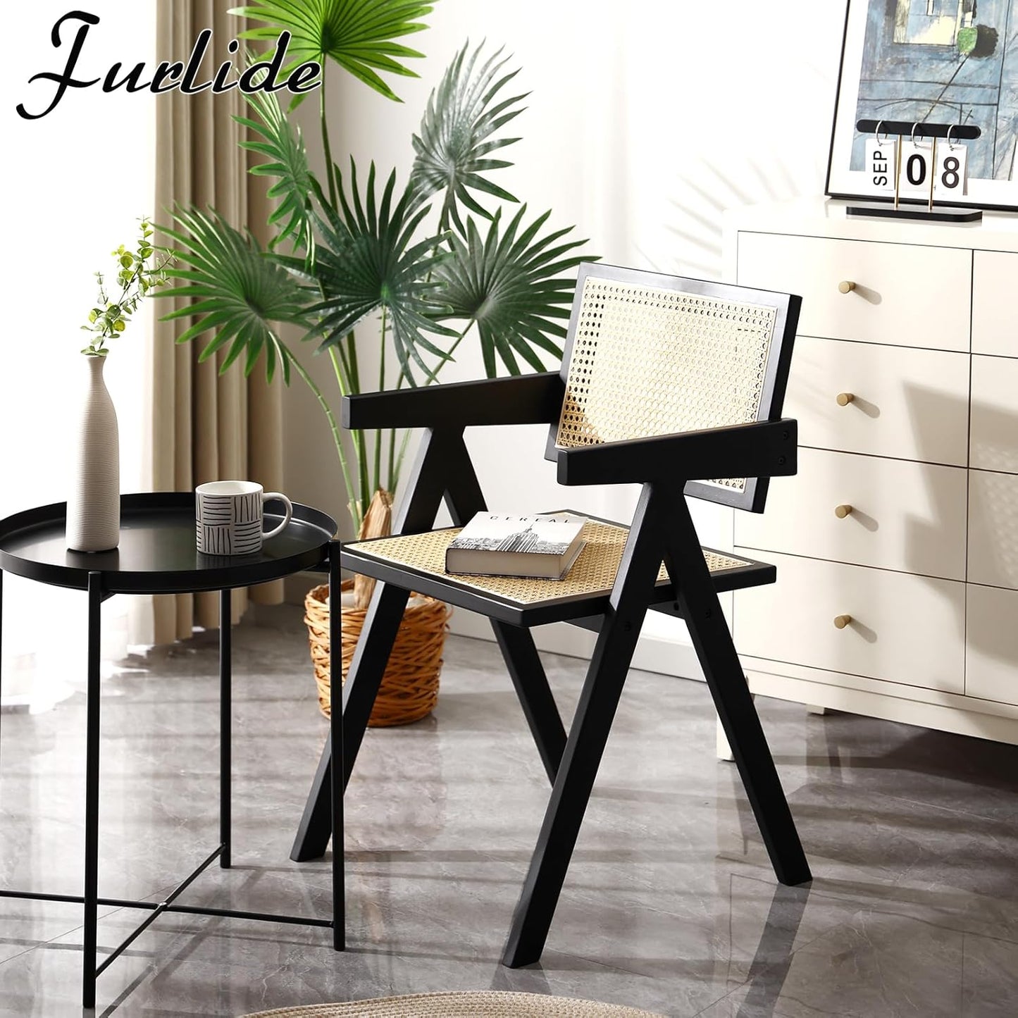 Rattan Dining Chairs Set of 2, Modern Mid Century Dining Chairs with Arms, Outdoor Bamboo Chairs for Bedroom, Living Room, Reading Room, Black