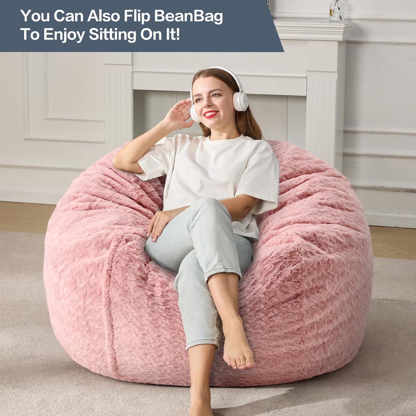 4ft Bean Bag Chairs for Adults Large Beanbag Chair with Chevron Plush Fur Cover Big Bean Bag Chair for Living Room Bedroom Dorm (Pink)