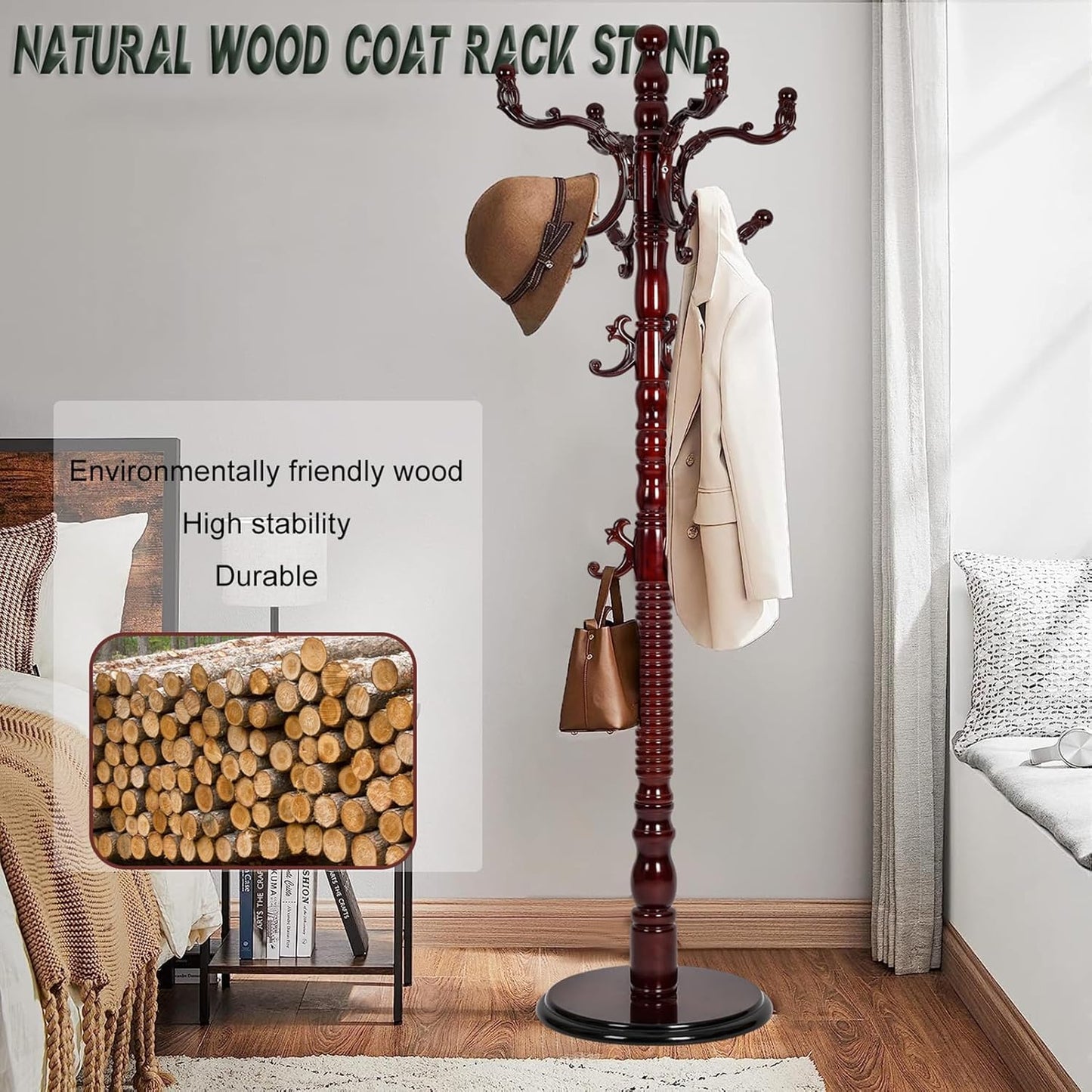 73" Wooden Coat Rack Stand,Coat Racks Freestanding With 14 Hooks And Solid Round Base Heavy Duty Adjustable Height Hall Tree Coat Rack for Entryway Hallway Foyer Office Bedroomf (Red sandalwood)