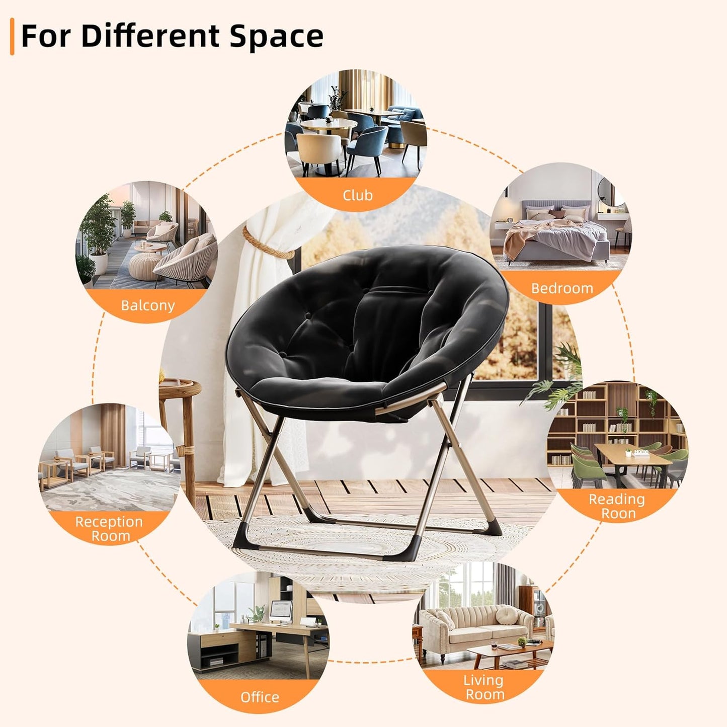 Comfy Saucer Chairs, Black Folding Reading Lounge Chair, Cozy Faux Fur Living Room Chair with Soft Thick Padded Seat & Metal Frame, Modern Style Bedroom Home for Kids Adults, X-Large, Gold Legs