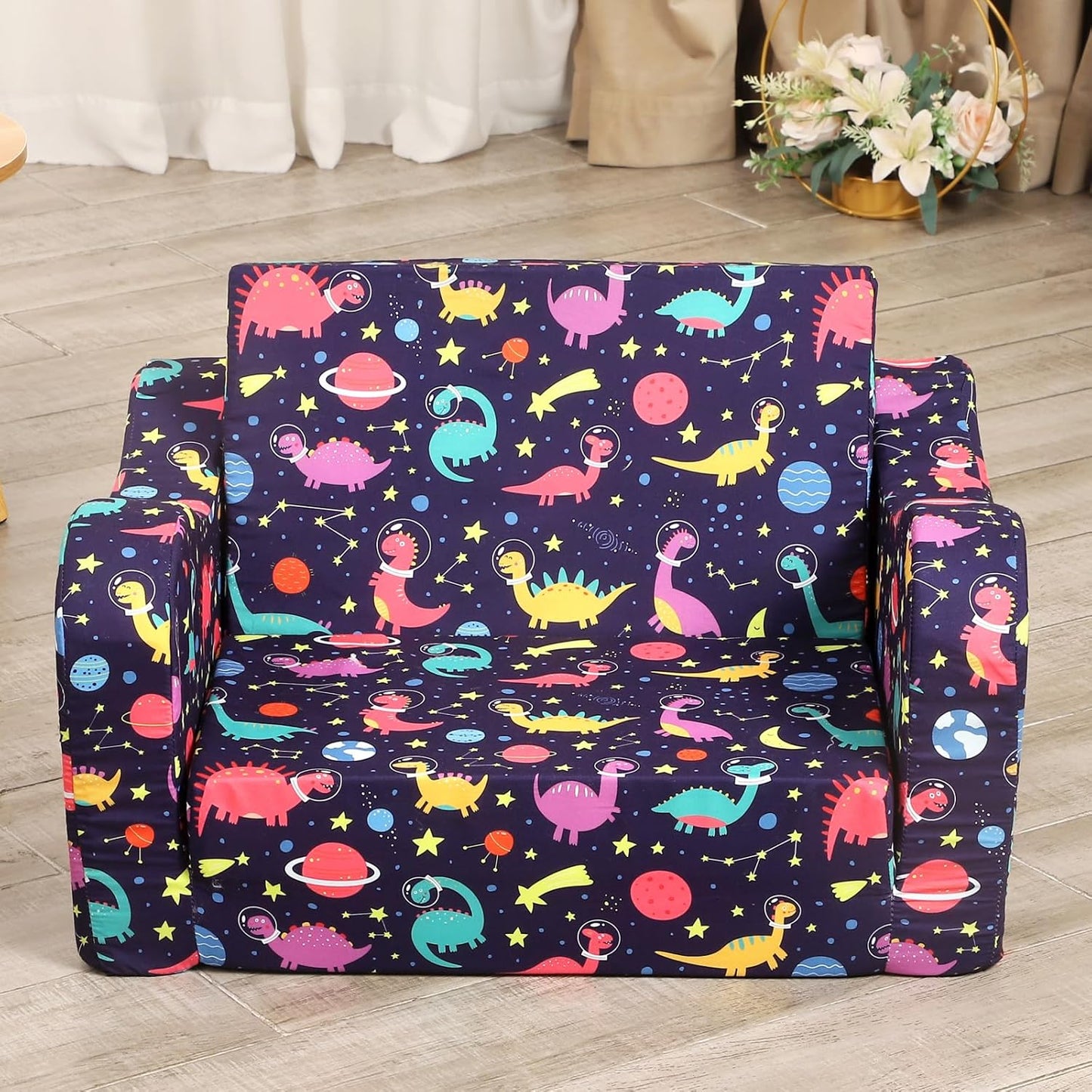 Dinosaur Kids Sofa, 2-in-1 Kids Couch Fold Out, Convertible Sofa to Bed for Girls and Boys