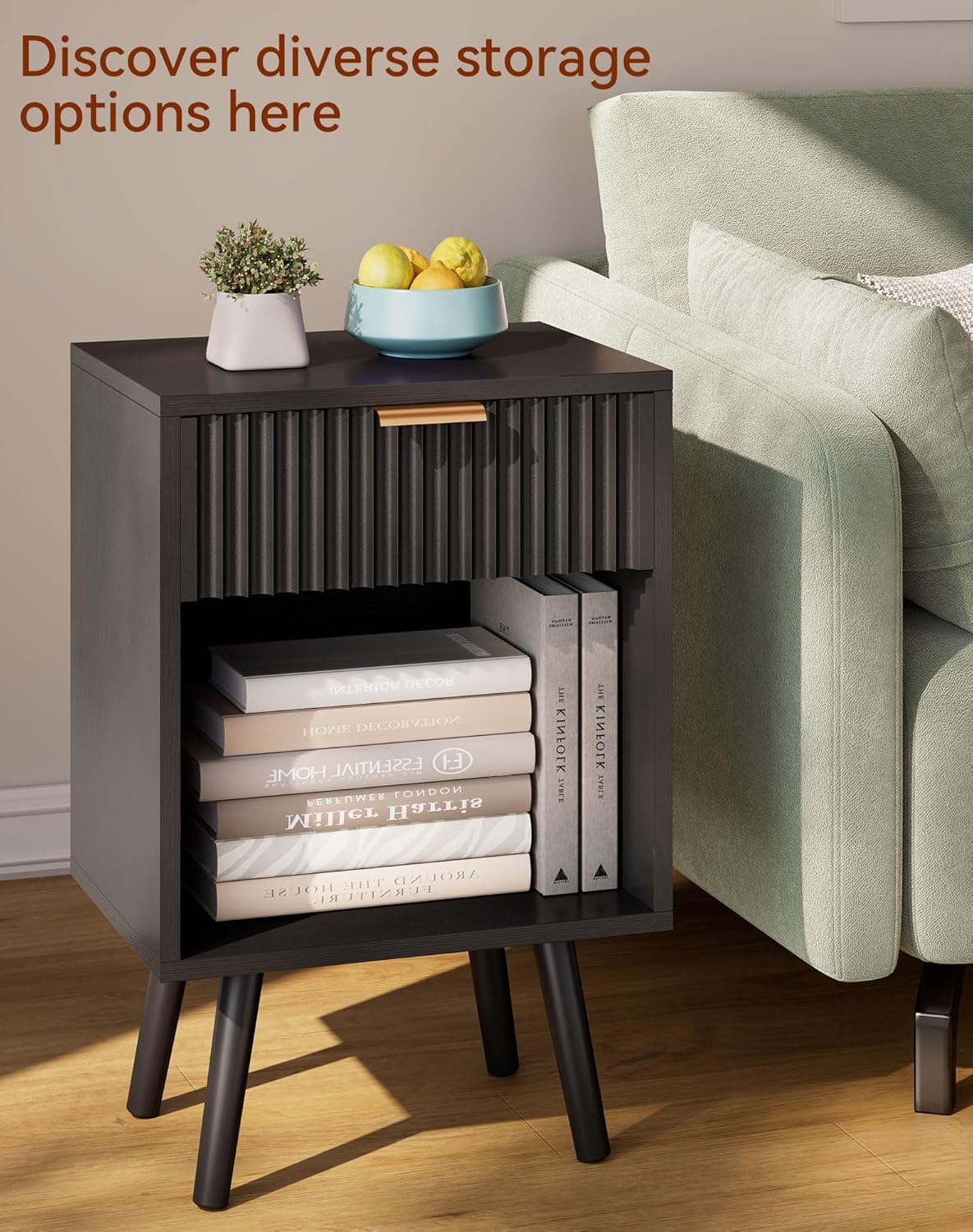 YMYNY Mid Century Modern Nightstand, Side Table, Fluted Night Stand with Drawer, Open Shelf Unit, Golden Handle, Solid Wood Legs, Bedside Table, for Bedroom, Black UHST013B