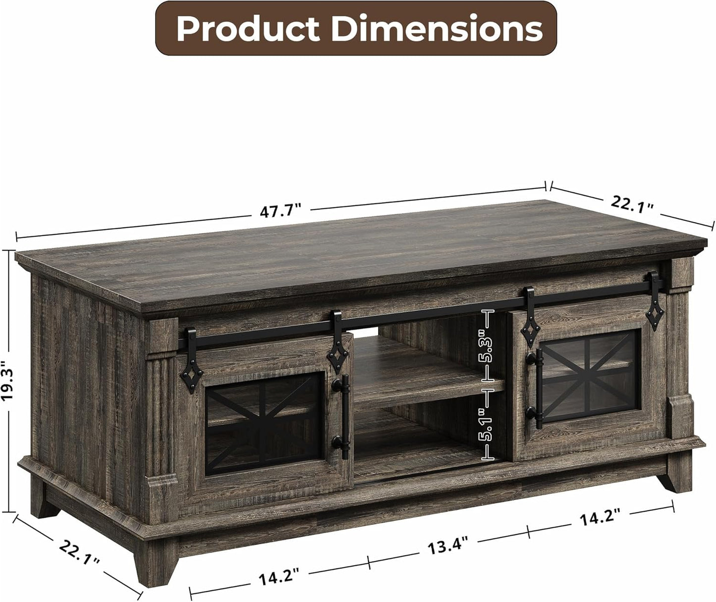 IRONCK 48'' Coffee Table with Sliding Barn Doors, Rustic Center Table with 6 Large Storage Space, Glass Doors and Adjustable Middle Shelf, Farmhouse Coffee Tables for Living Room, Meeting Room