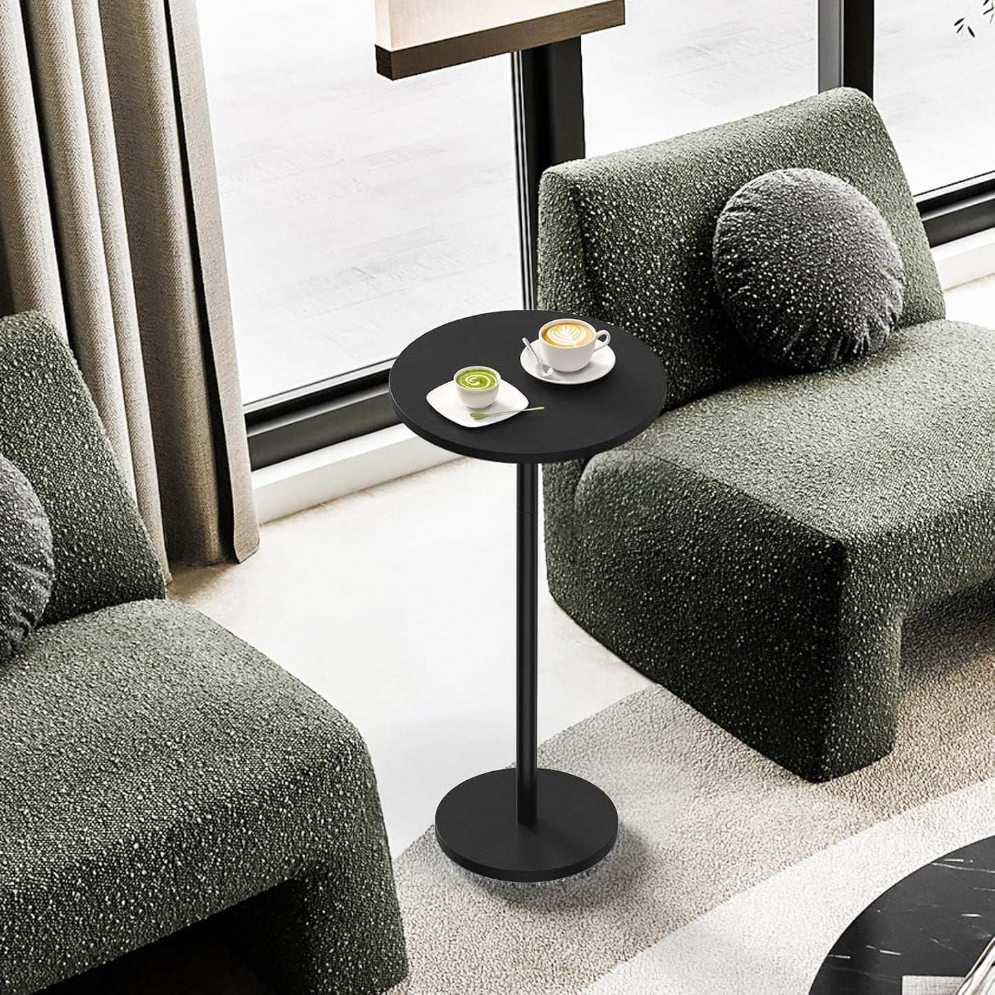 Round Small Side Table Set of 2, Drink Tables for Small Spaces Pedestal Side Table Black for Sofa, Circle End Tables for Living Room, Bedroom and Balconty