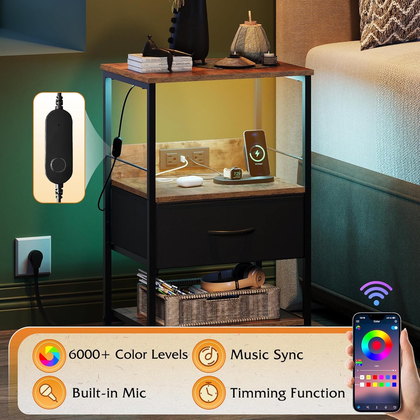 WLIVE LED Night Stand, Nightstand with Charging Station, Small Bed Side Table with Fabric Drawer and Open Shelves, Tall End Table with USB Ports & Outlets, Black and Rustic Brown