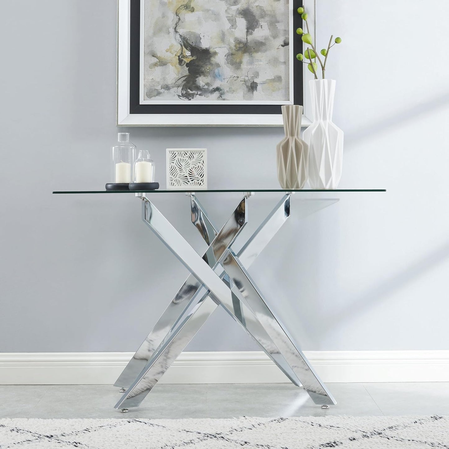 Modern Style Console Table Narrow Sofa Table with Tempered Glass Top and Metal Tubular Legs, 45" Lx18 Wx30 H, Silver