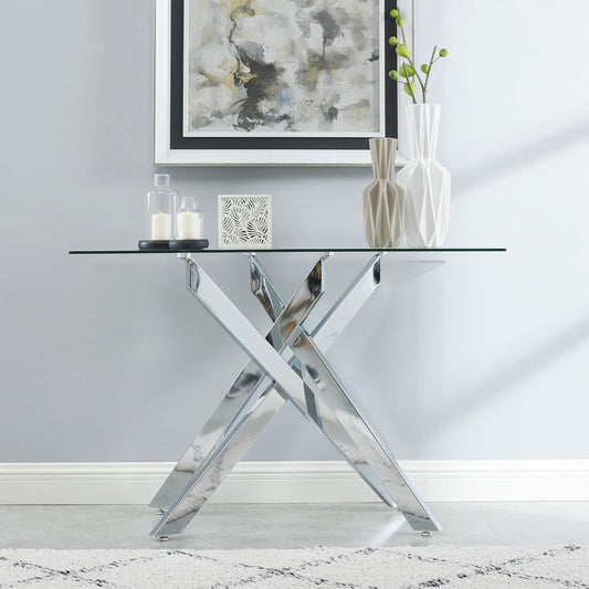 Modern Style Console Table Narrow Sofa Table with Tempered Glass Top and Metal Tubular Legs, 45" Lx18 Wx30 H, Silver