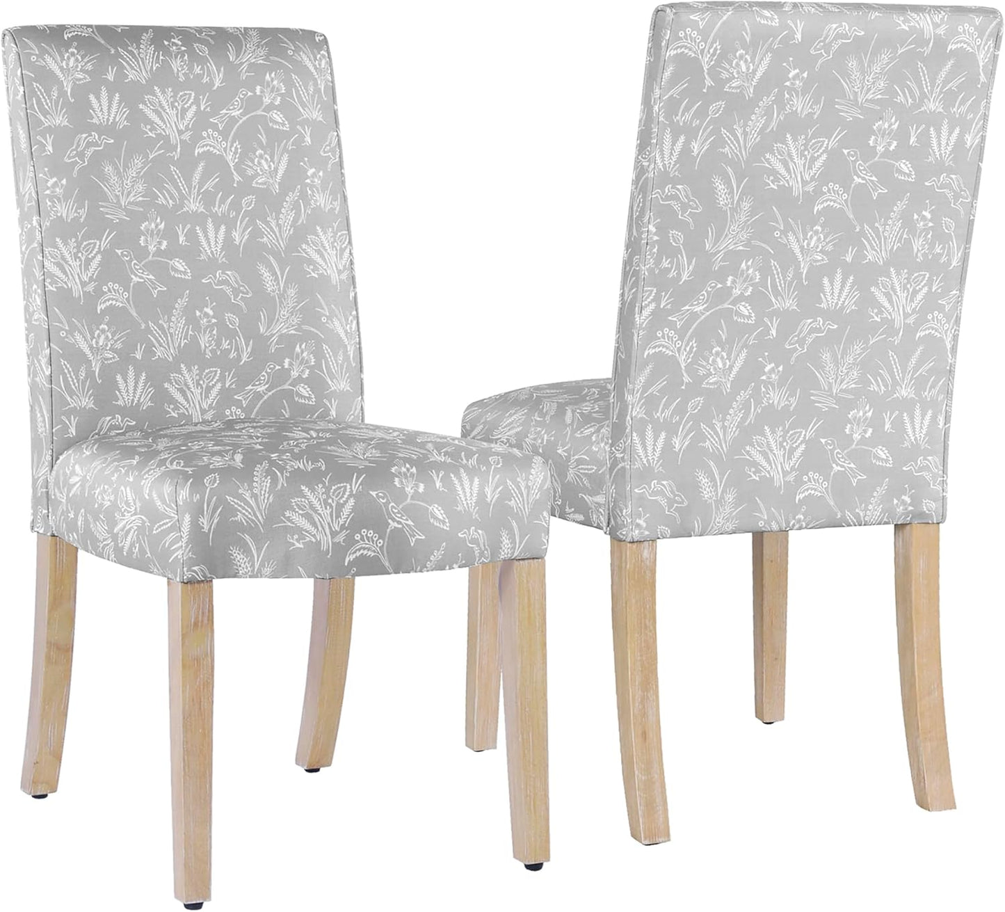 HomePop Scalloped Detail Dining Chair|Upholstered Parsons Dining Chairs |Decorative Home Furniture, Light Gray Floral with Animal Motifs (Set of 2)