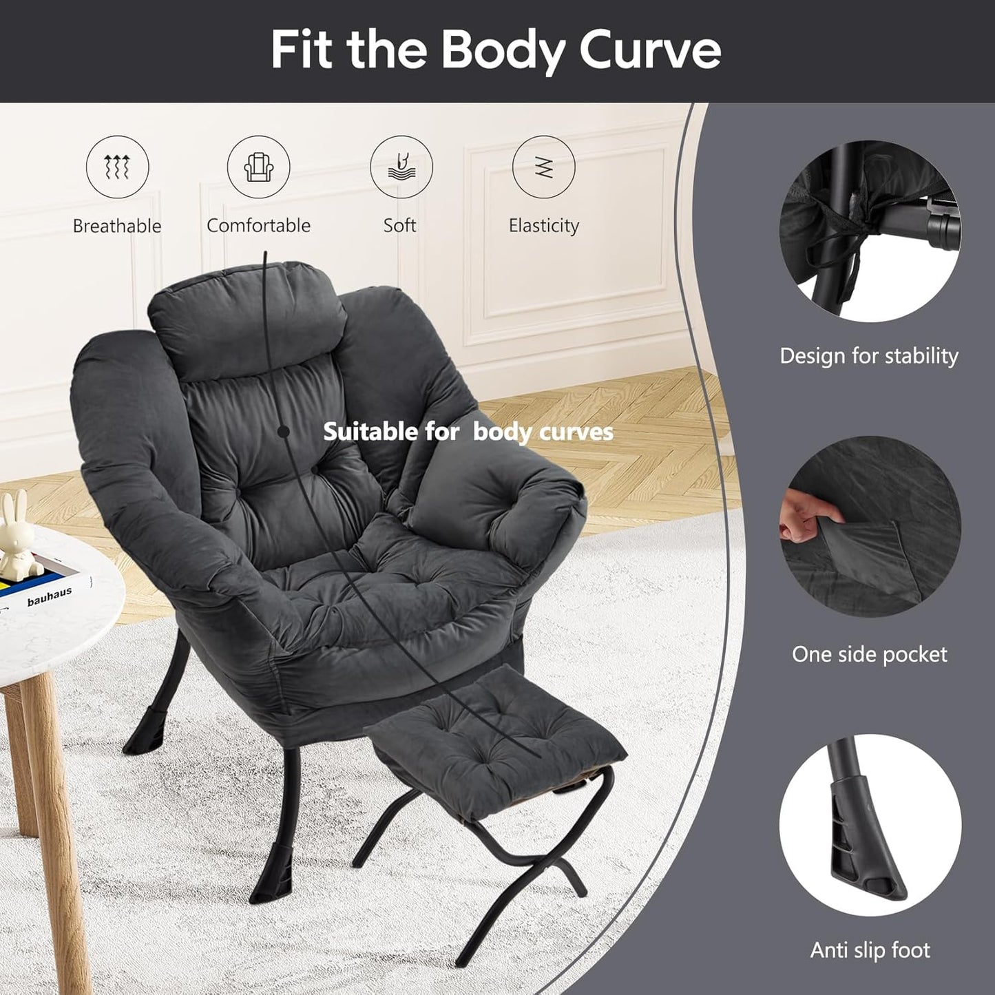 Lazy Chair with Folding Ottoman Modern Large Accent Chair,Contemporary Lounge Leisure Sofa Chair with Armrests Upholstered Sofa Armchair Reading Chair for Bedroom,Dorm & Office (Dark Grey-f)