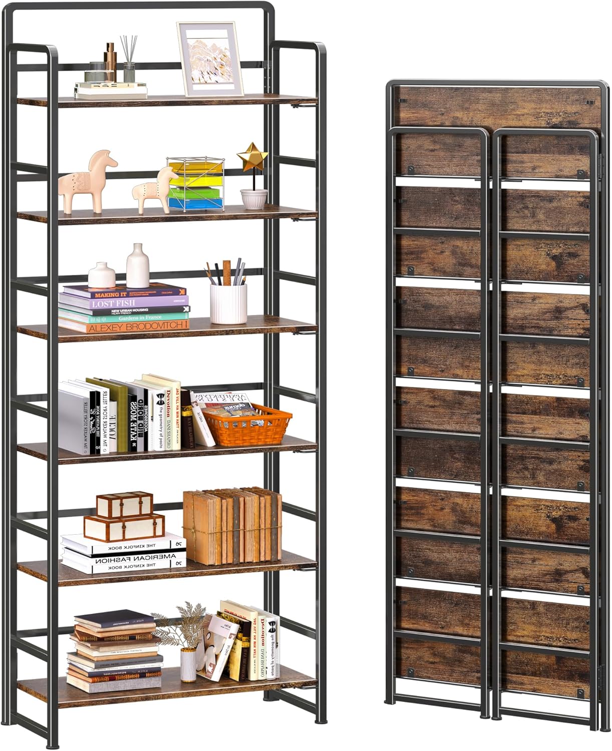 4NM No-Assembly 6 Tiers Folding Bookshelf Storage Shelves Vintage Bookcase Standing Racks Study Organizer Home Office (Rustic Brown Black)