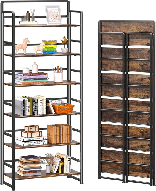 4NM No-Assembly 6 Tiers Folding Bookshelf Storage Shelves Vintage Bookcase Standing Racks Study Organizer Home Office (Rustic Brown Black)