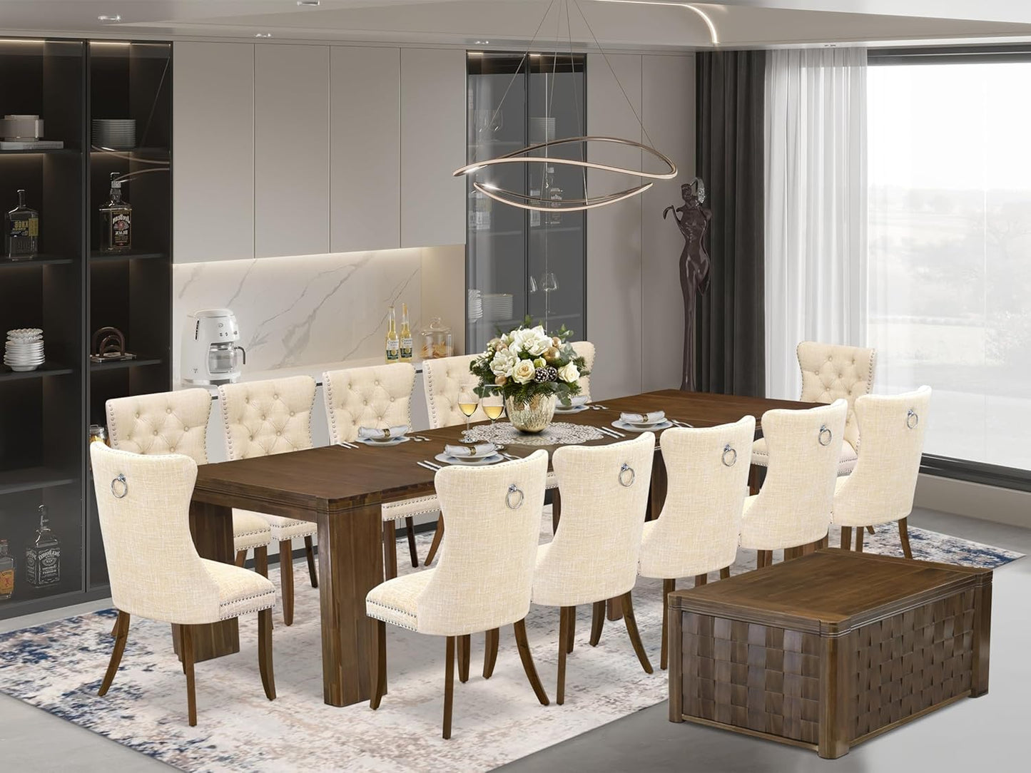 X12DA-0C8-32 - 14 Pieces Dining Set Includes an Extendable Rectangle Kitchen Table, 1 Coffee Table and 12 Polyester Fabric Dining Chairs, 39x120 Inch, Antique Walnut