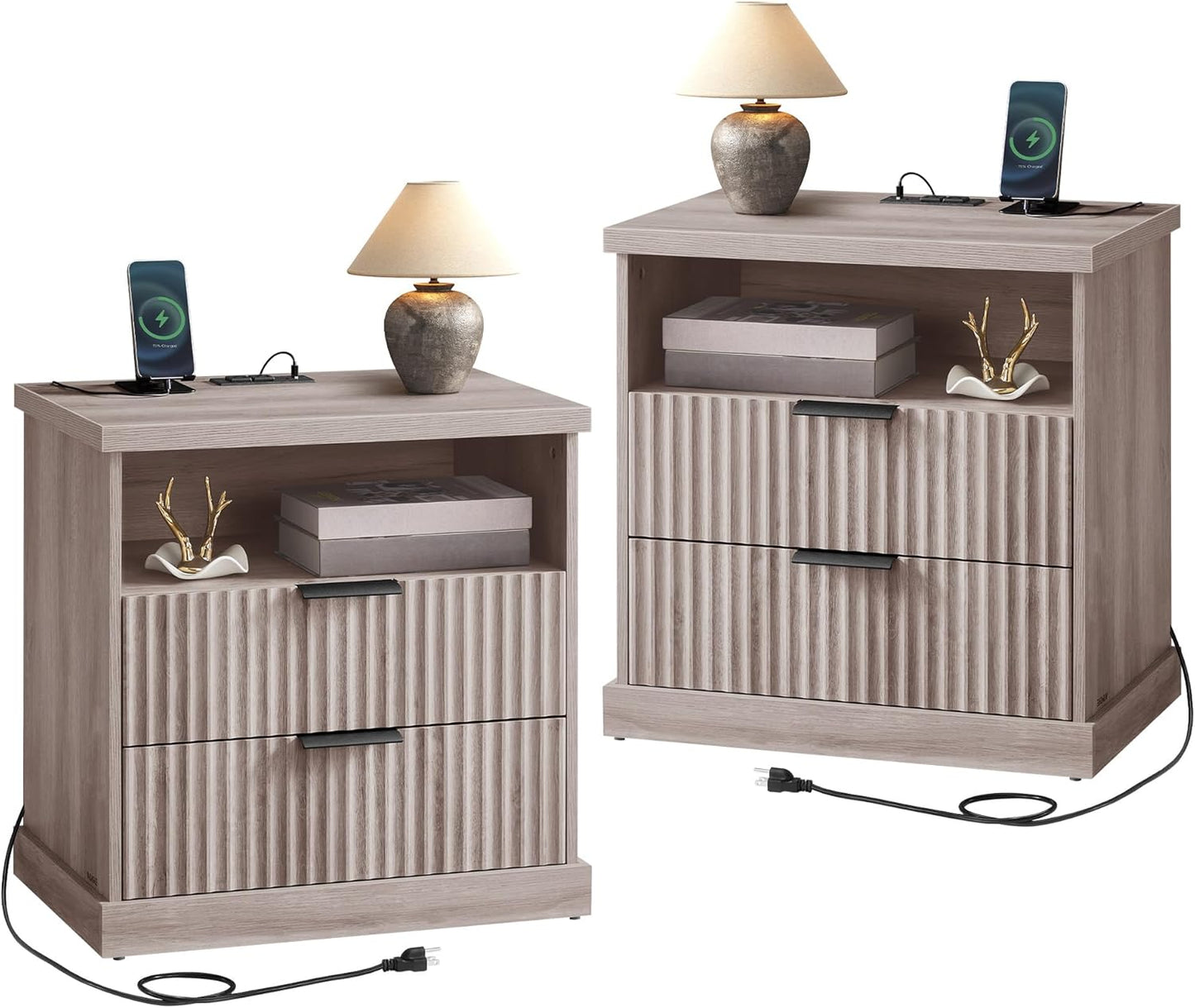 VASAGLE MAXE Collection - Set of 2 Nightstands with Charging Station, Bedside Table, Side End Table with 2 Drawers, Open Shelf, 2 AC Outlets, 2 USB Ports, Transitional, Bedroom, Washed Gray ULET926G01