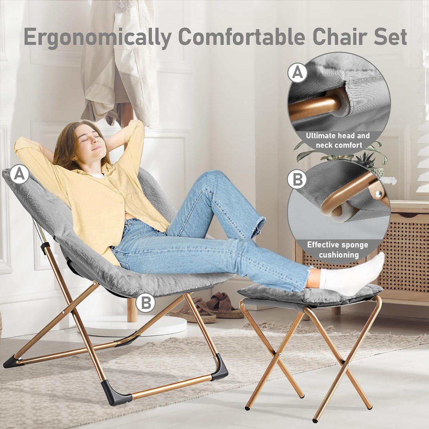 Comfy Oversized Saucer Chair with Ottoman,Soft Faux Fur Reading Lounge Chair for Adults,Stable X-Large Metal Frame and Non-Slip Pad,Cozy Chair for Bedroom, Living Room, Dorm, Light Gray