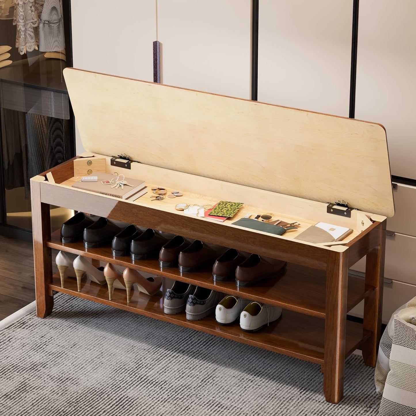 Shoe Storage Bench for Entryway - 3 Tier Shoe Rack for Front Door Entrance, Rubberwood Show Rack, Height Adjustable Entryway Bench with Shoe Storage for Any Room (Walnut, 39.4" W)