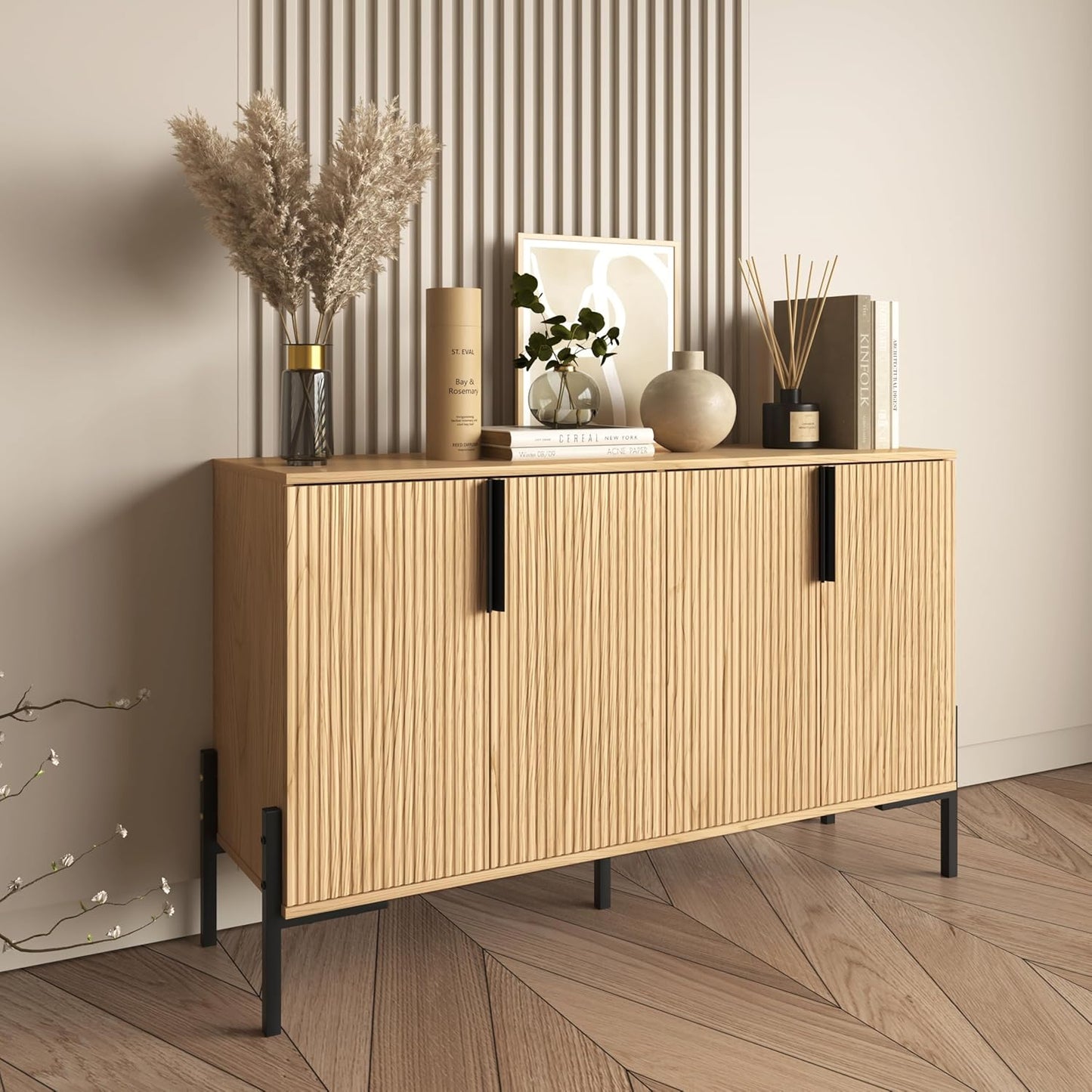 4 Doors Sideboard Buffet Cabinet with Adjustable Shelves, Modern Accent Sideboard with Golden Legs, Wide Storage Cabinet for Kitchen, LivingRoom,Natural