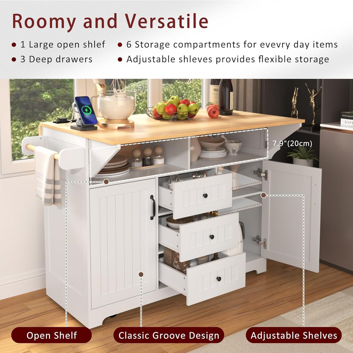 56" Large Kitchen Island with 2 Drop Leafs,Rolling Kitchen Cart on 5 Wheels W/Power Outlet & 3 Drawers,Folding Storage Dining Table W/Spice & Towel Racks,for Kitchen,Dining Room,White