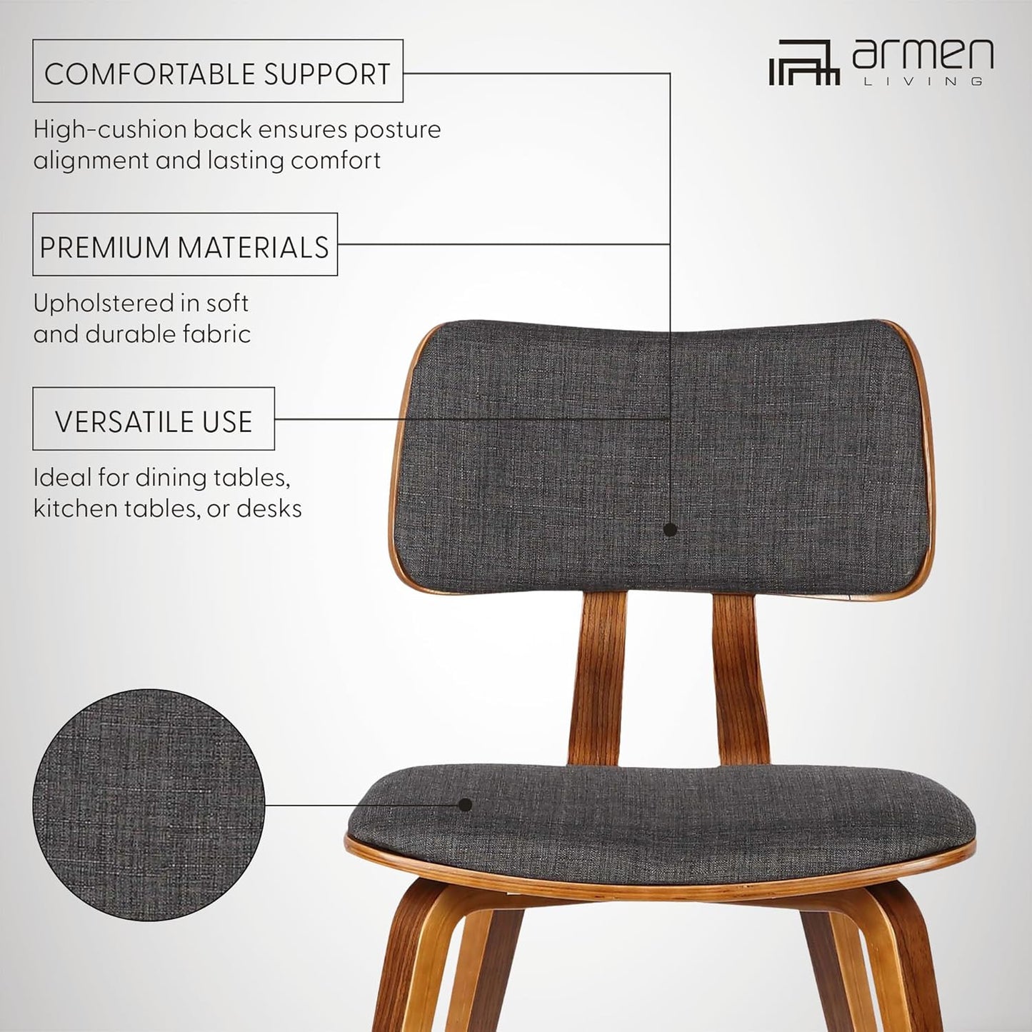 Armen Living Jaguar Dining Chair in Charcoal Fabric and Walnut Wood Finish,Charcoal/Walnut Finish 20D x 18W x 29H in