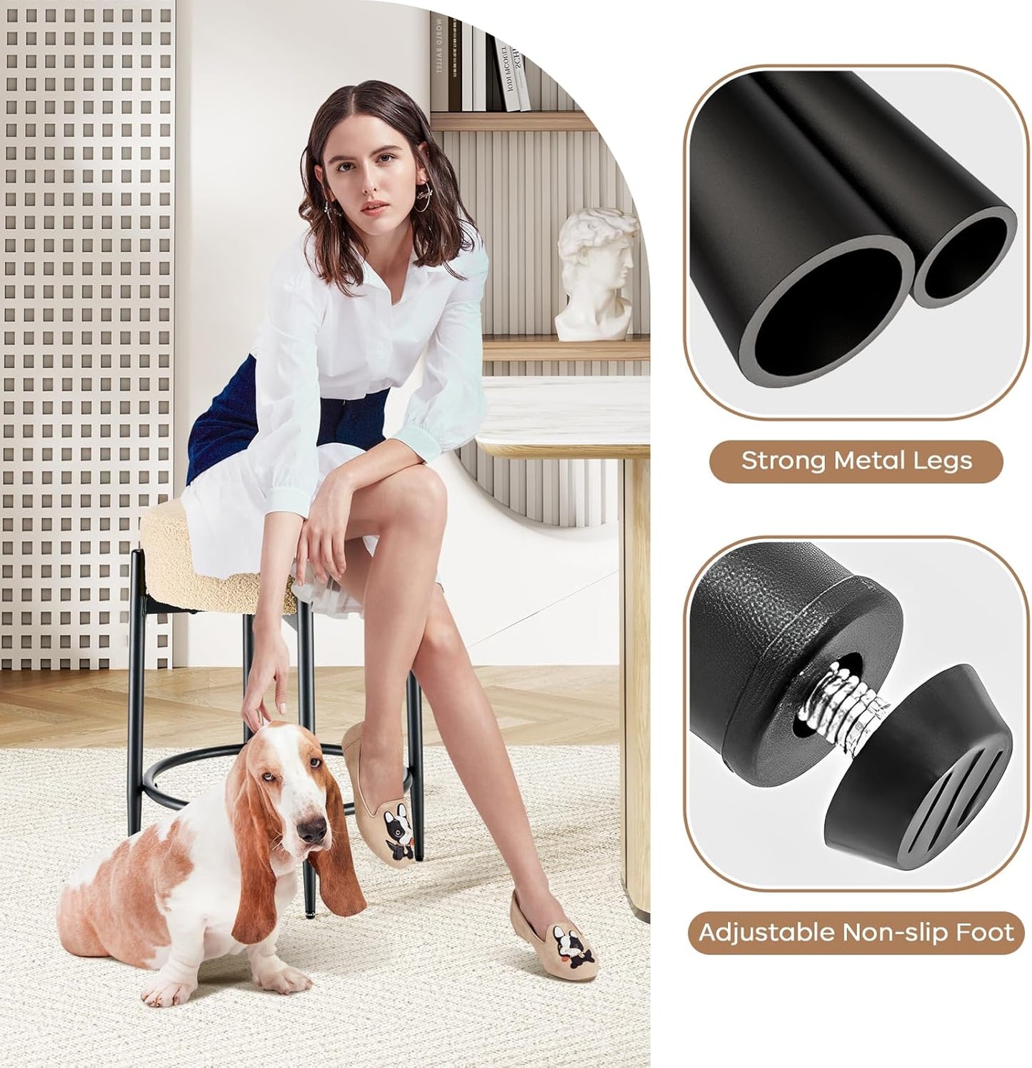 Dining Room Chairs Set of 8, 23.6" Sherpa Backless Beige Boucle Dining Chair, Mid Century Modern Living Room Round Upholstered Chairs with Black Metal Legs