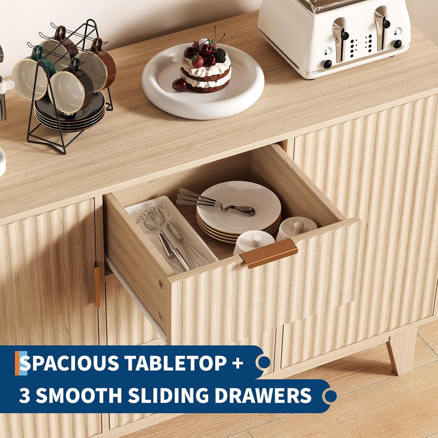 Garvee 47.2" Fluted Buffet Cabinets with Storage, Sideboard Storage Cabinet with 3 Drawers and 2 Doors, Modern Mid Century TV Stand Coffee Bar Furniture for Living Room, Kitchen, Entryway- Oak