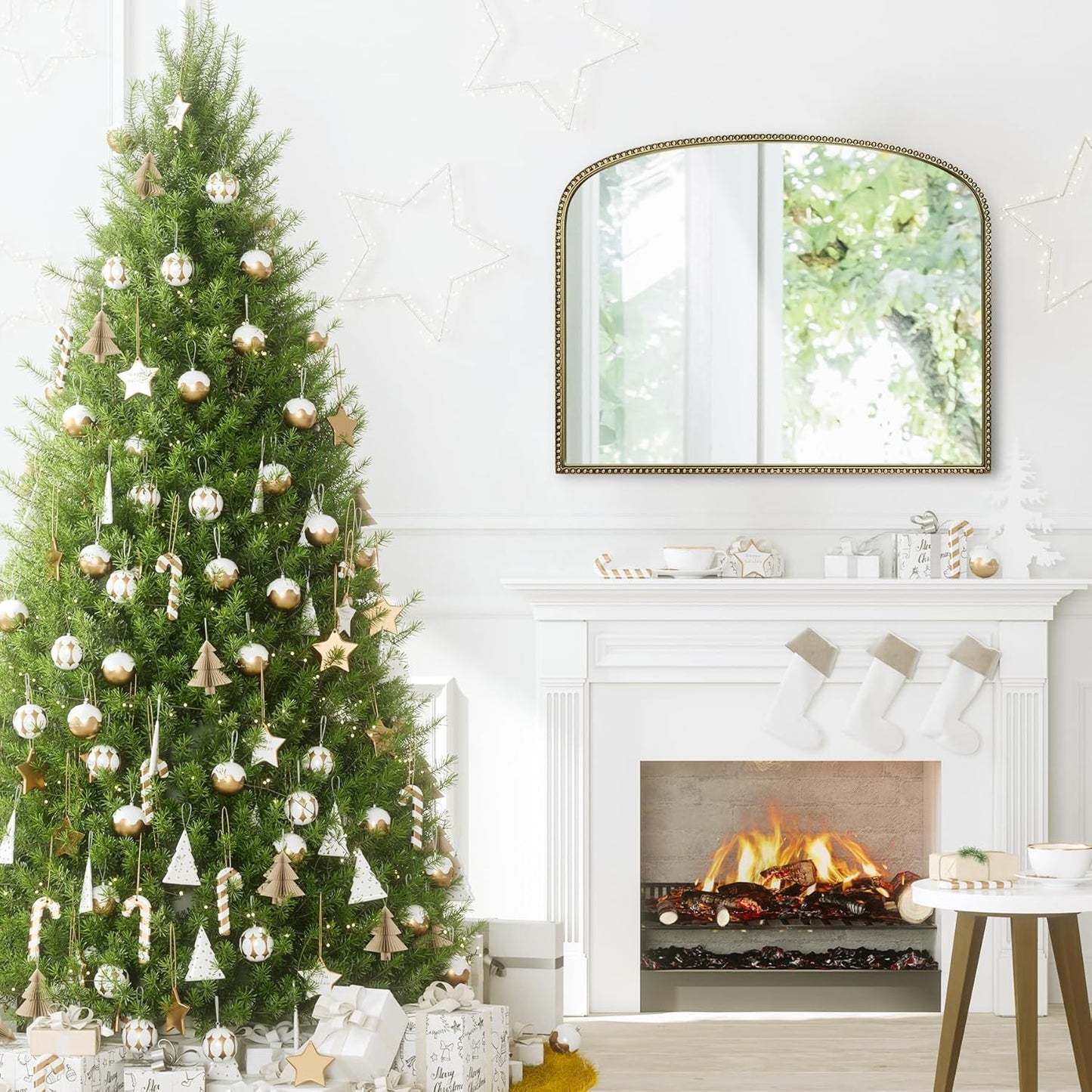 36"X28" Arched Wall Mirror for Fireplace Mantel, Vintage Gold Metal Beaded Accent Mirror, Distortion-Free Glass for Living Room, Entryway, Bathroom, Bedroom Decor