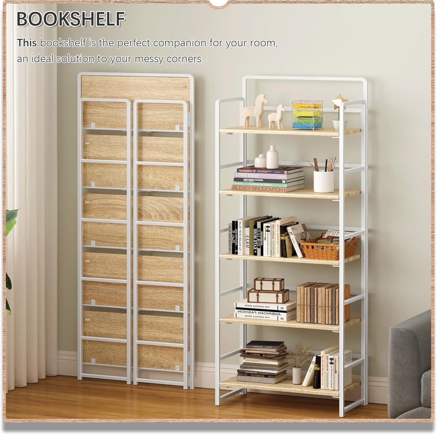 4NM No-Assembly 5 Tiers Folding Bookshelf Storage Shelves Vintage Bookcase Standing Racks Study Organizer Home Office (Natural White)