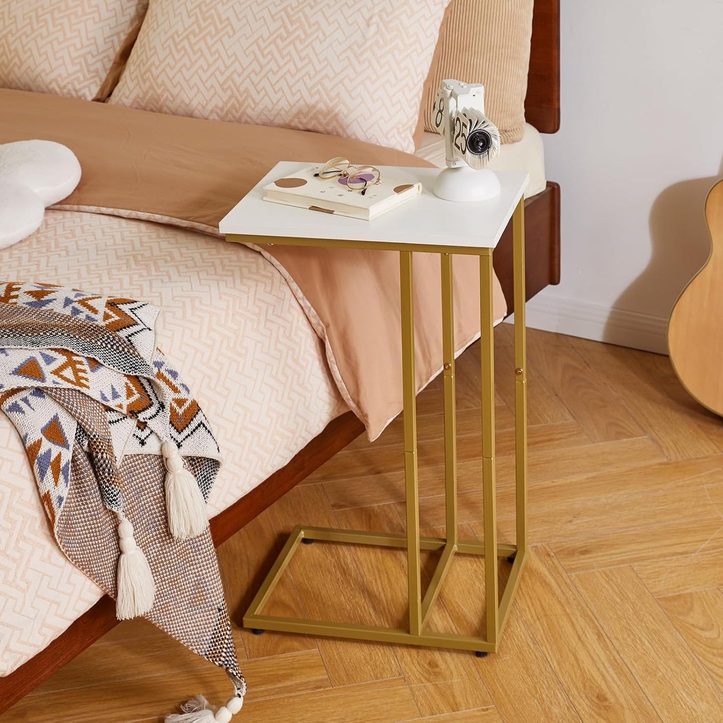 Small Side Tables C Shaped, End Table, Small Table Stand for Living Room Bedroom, Little Bedside Table 16x12x25 inch White+Gold YD-TM051WG-2