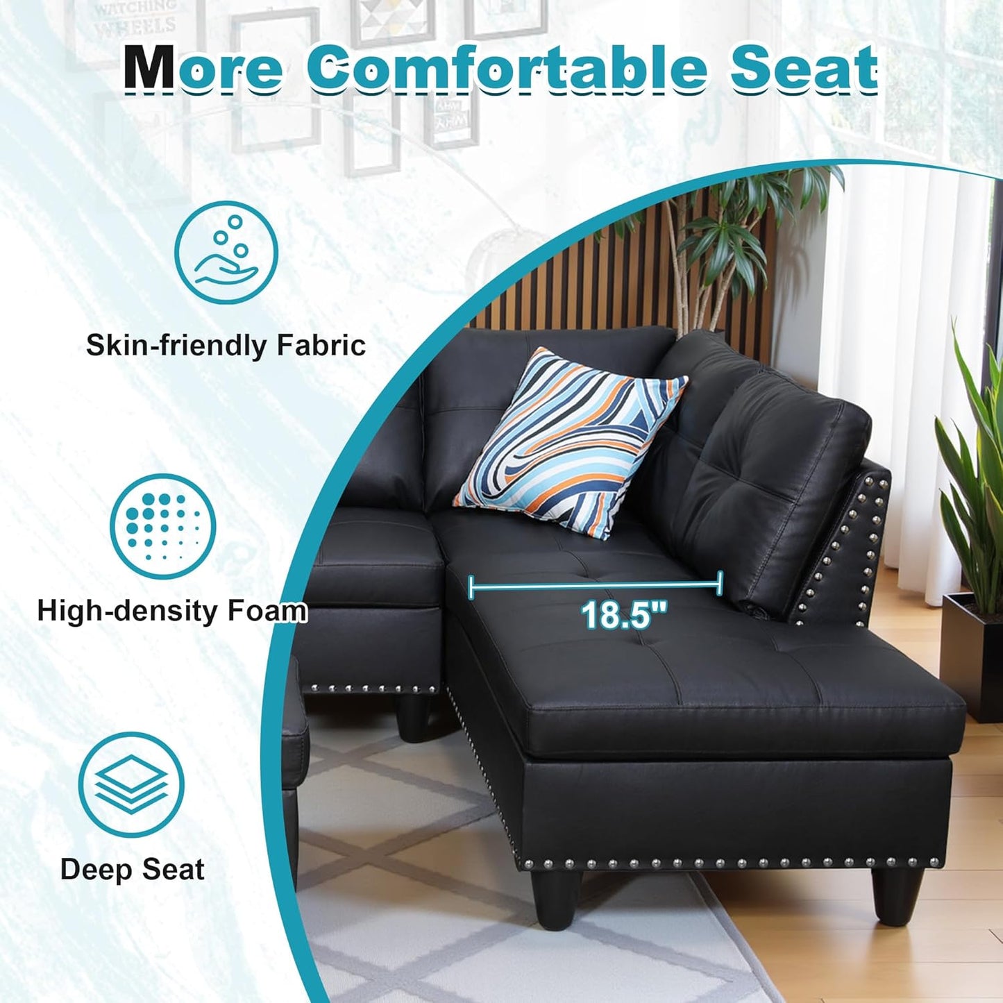 97.5" Oversized Sectional Couch, L Shaped Couch with Storage Ottoman, Modern Modular Sofa with Deep Seat, Sectional Couches for Living Room and Office, Black (Faux Leather)