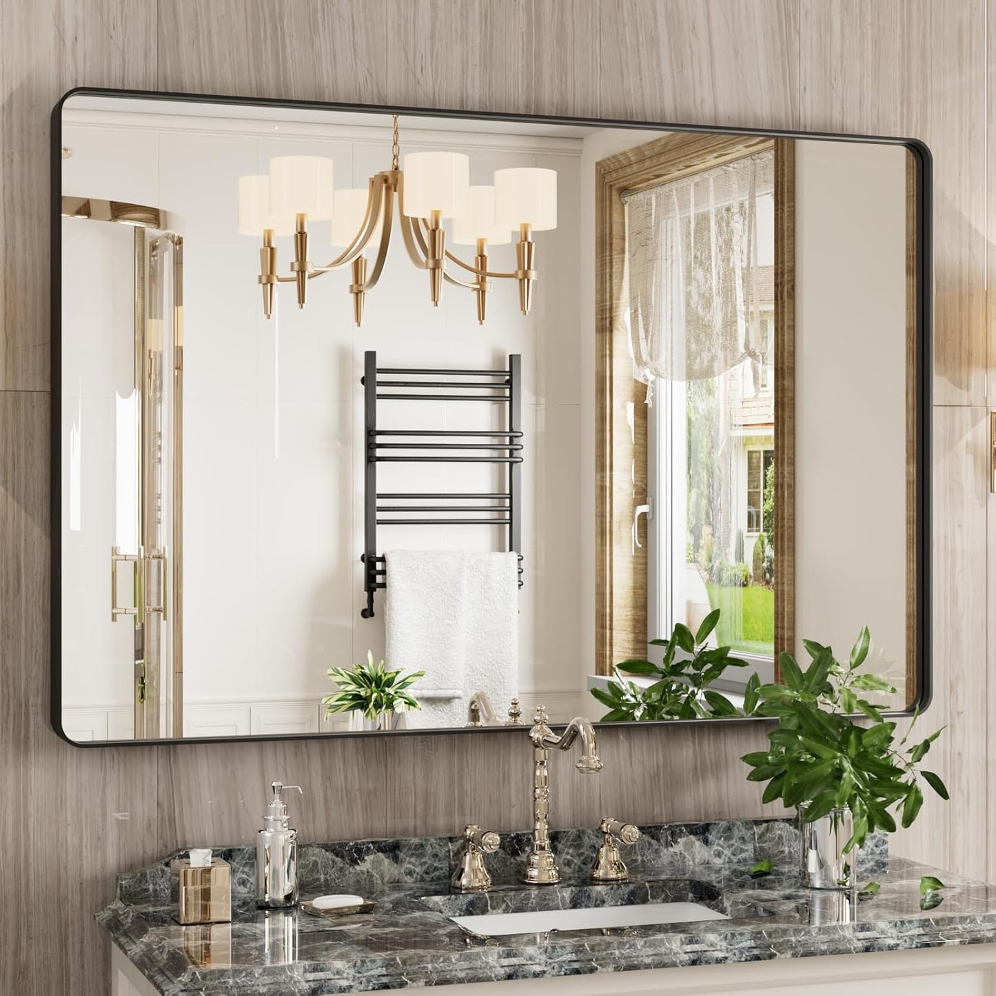 Black Bathroom Mirror 48X32 Inch, Black Metal Framed Mirror for Wall, Rounded Rectangle Matte Bathroom Vanity Mirror with Tempered Glass, Anti-Rust, Horizontal/Vertical