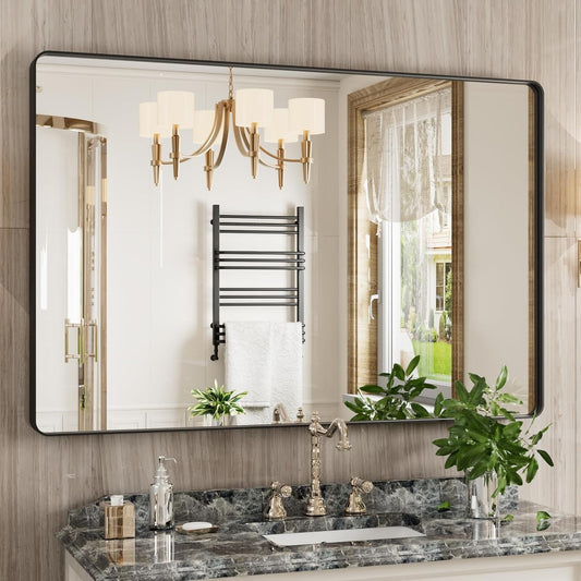 Black Bathroom Mirror 48X32 Inch, Black Metal Framed Mirror for Wall, Rounded Rectangle Matte Bathroom Vanity Mirror with Tempered Glass, Anti-Rust, Horizontal/Vertical