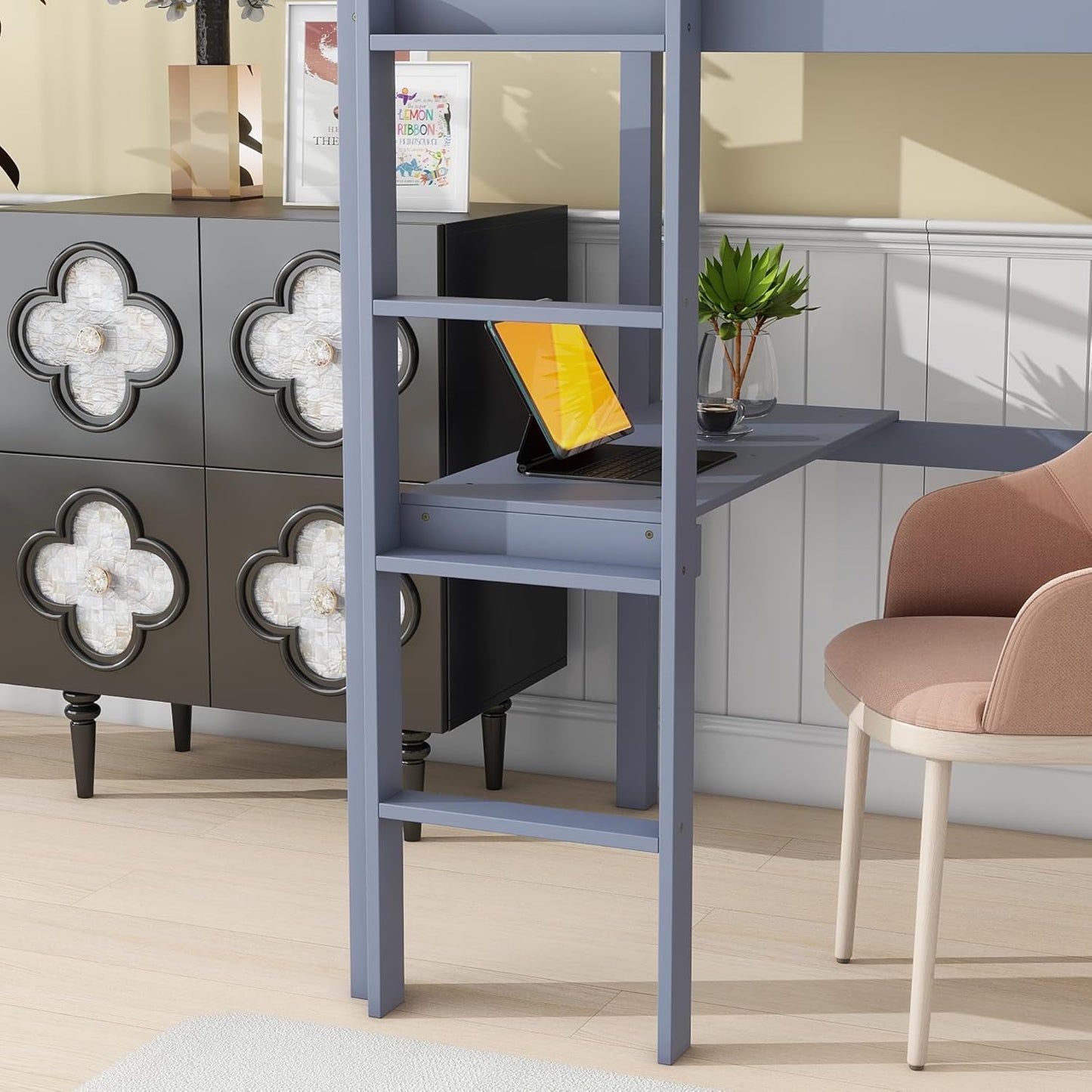 HomSof Full Loft Bed with Desk and Shelves,Gray