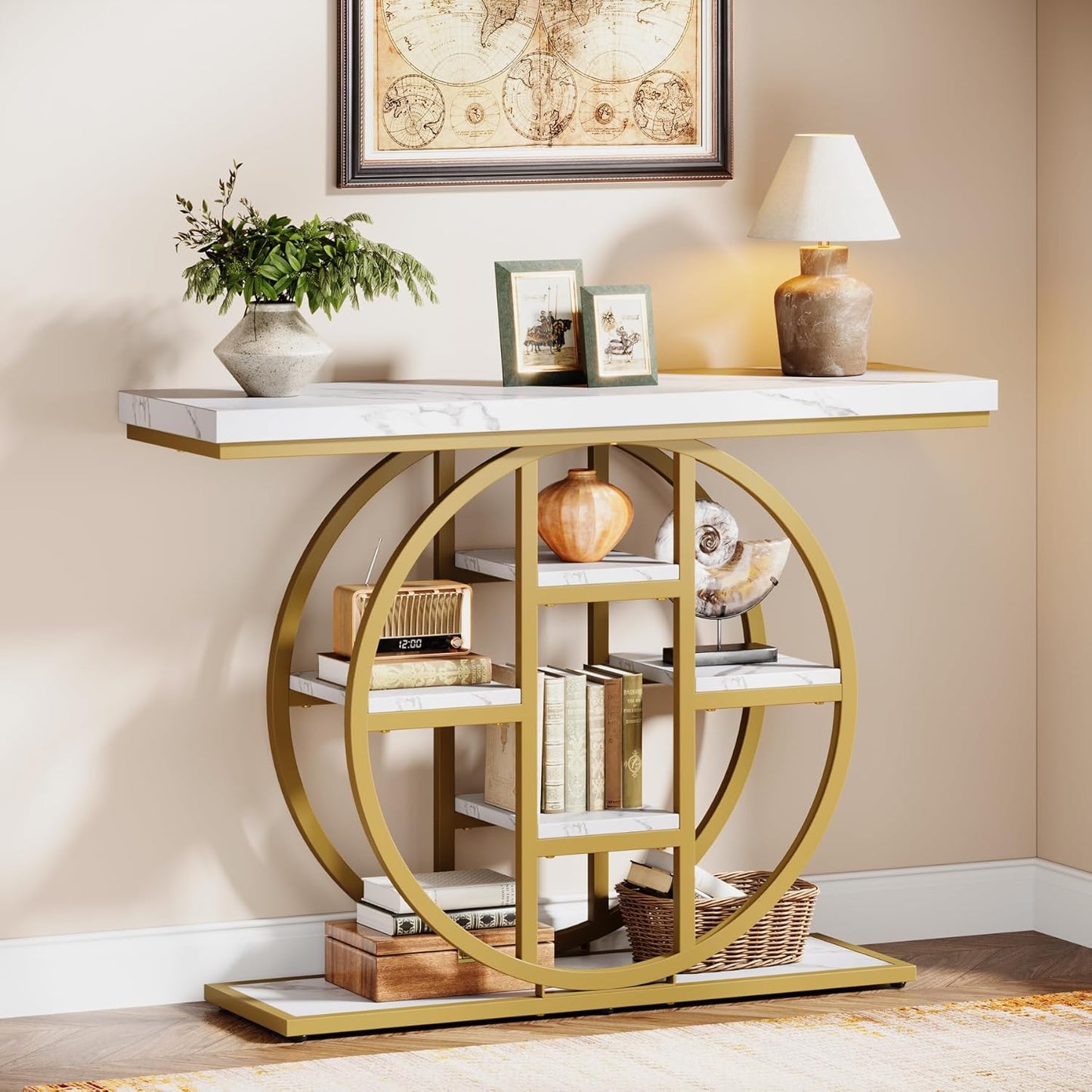 41" Console Table, 4-Tier Entryway Table with Circle Base, Industrial Narrow Wood Sofa Accent Tables with Storage Shelves for Living Room, Hallway, Foyer (White Gold)