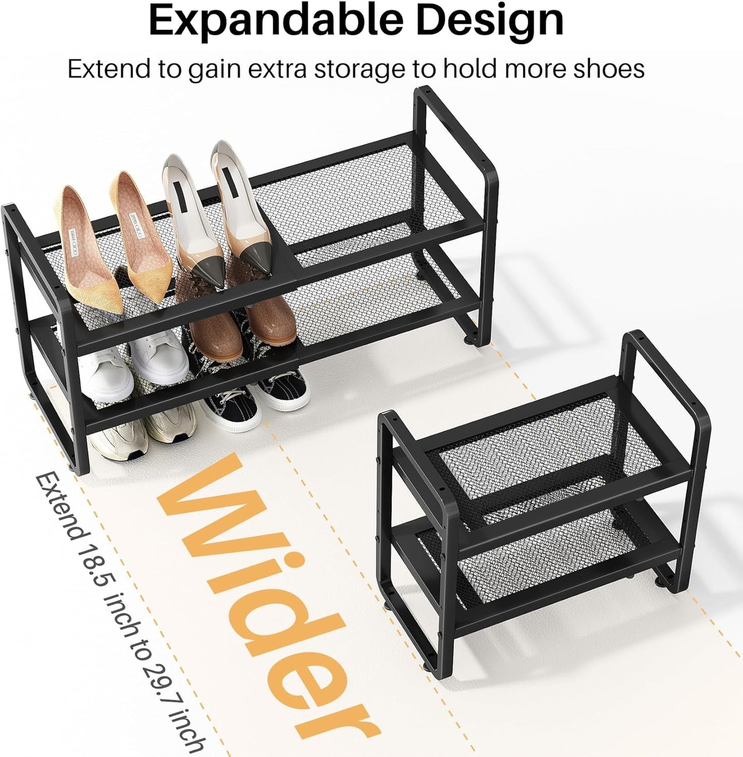 Shoe Rack - Expandable Shoe Organizer for Closet, Adjustable Metal Shoe Shelf Storage, 2 Tier Stackable Long Shoe Stand Holder for Garage, Entryway, Door Entrance, Black