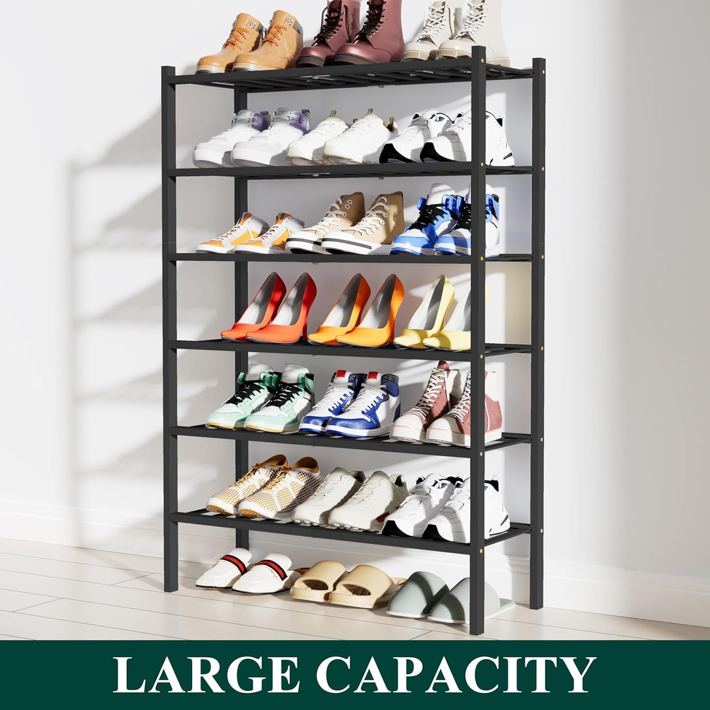 Smiry Shoe Rack, 6 Tier Bamboo Shoe Organizer, Stackable Free Standing Wooden Shoe Storage Shelf for Closet, Entryway, Front Door Entrance, Black
