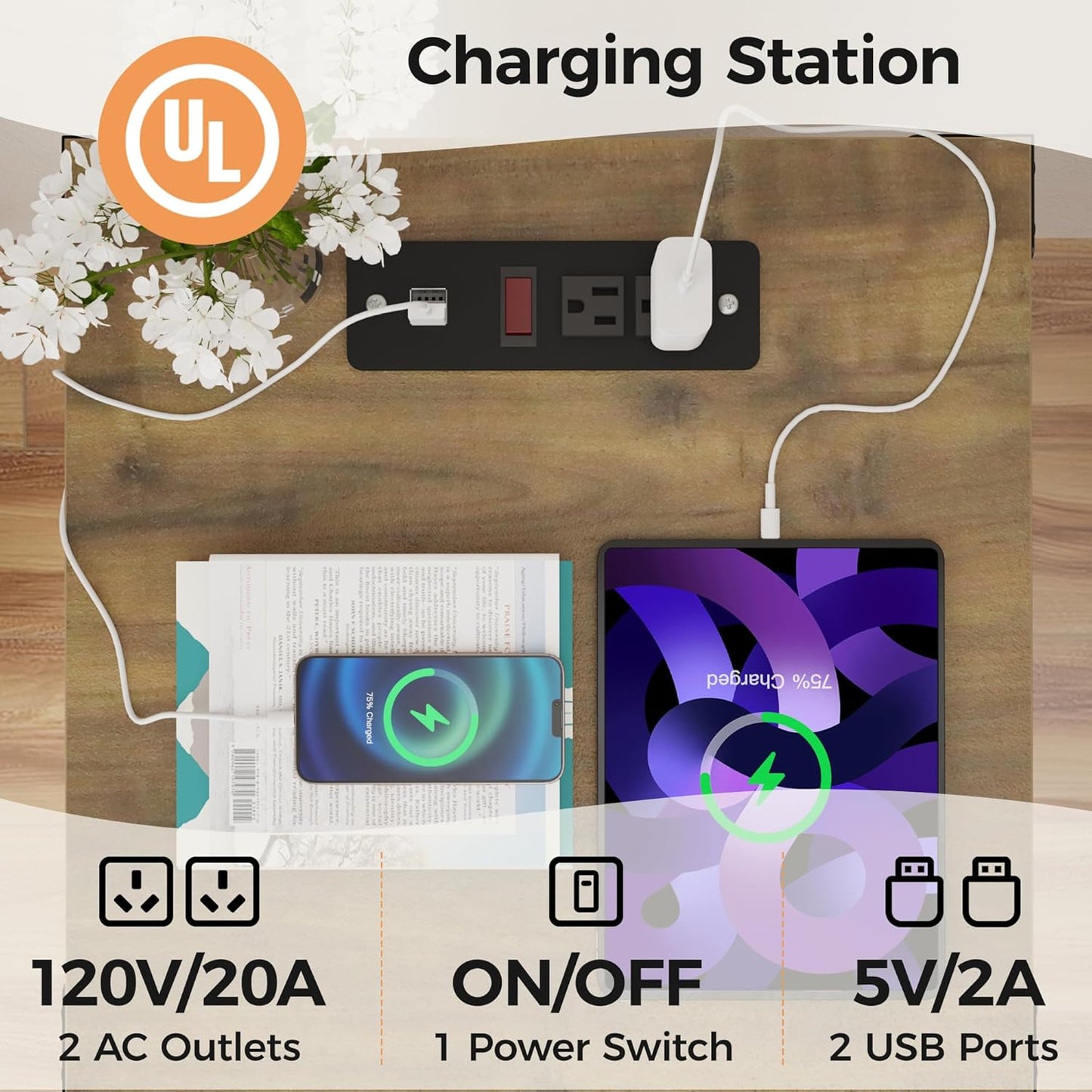 RoyalCraft Set of 1 Farmhouse Nightstand, White End Table with Charging Station, Tall Bedside Table with Large Storage Room and Shelf, Wooden Rustic Nightstand for Bedroom, Home Office